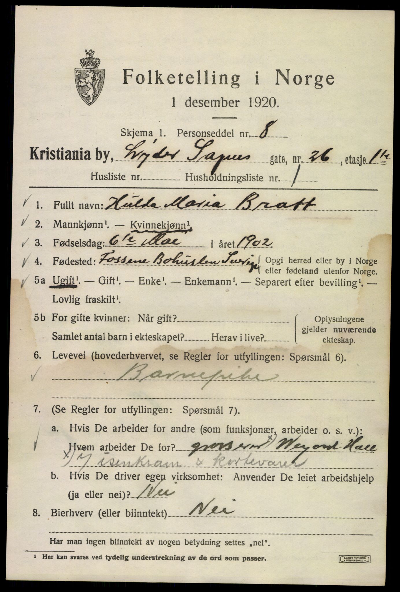 SAO, 1920 census for Kristiania, 1920, p. 366891
