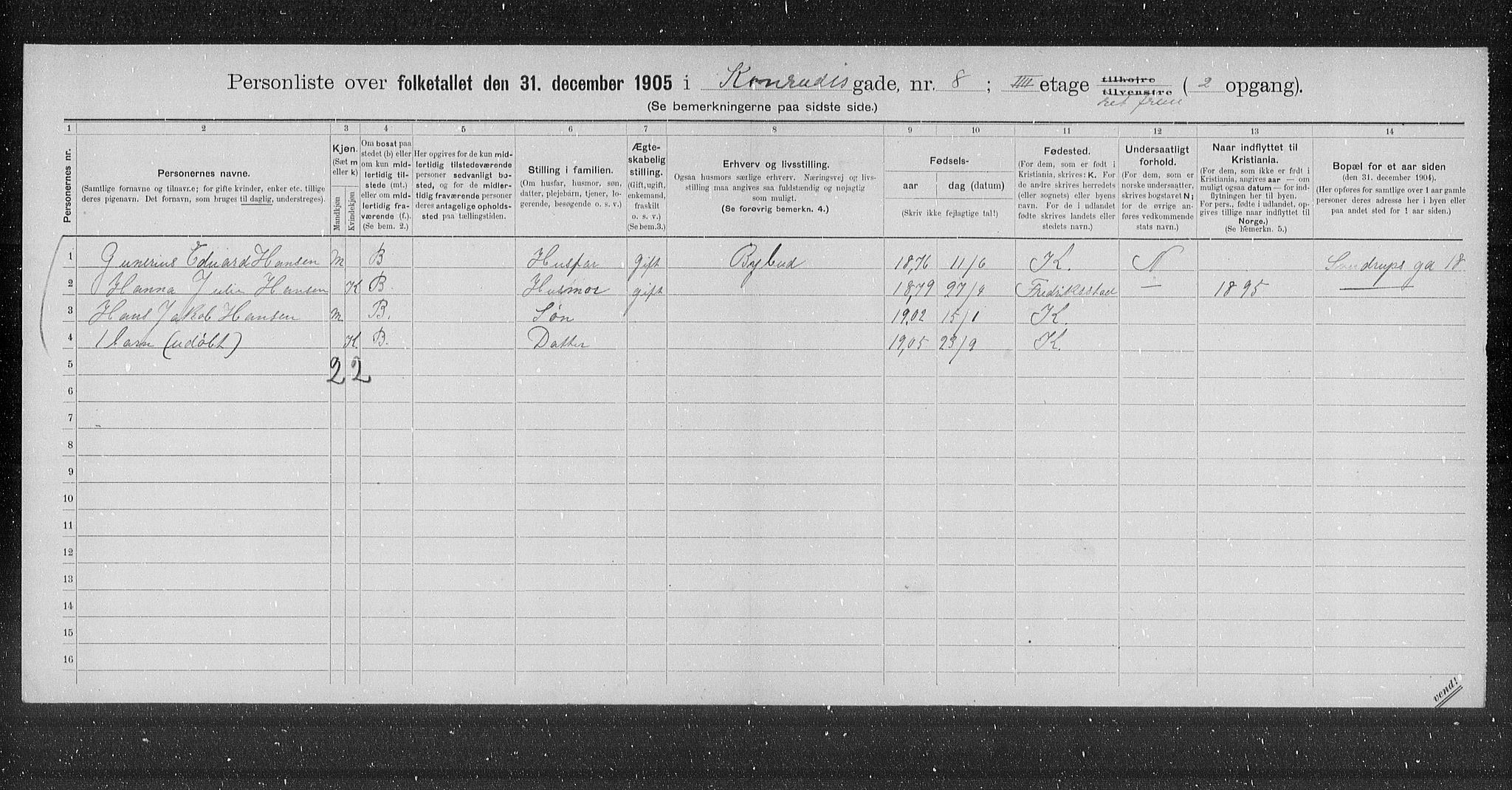 OBA, Municipal Census 1905 for Kristiania, 1905, p. 7065