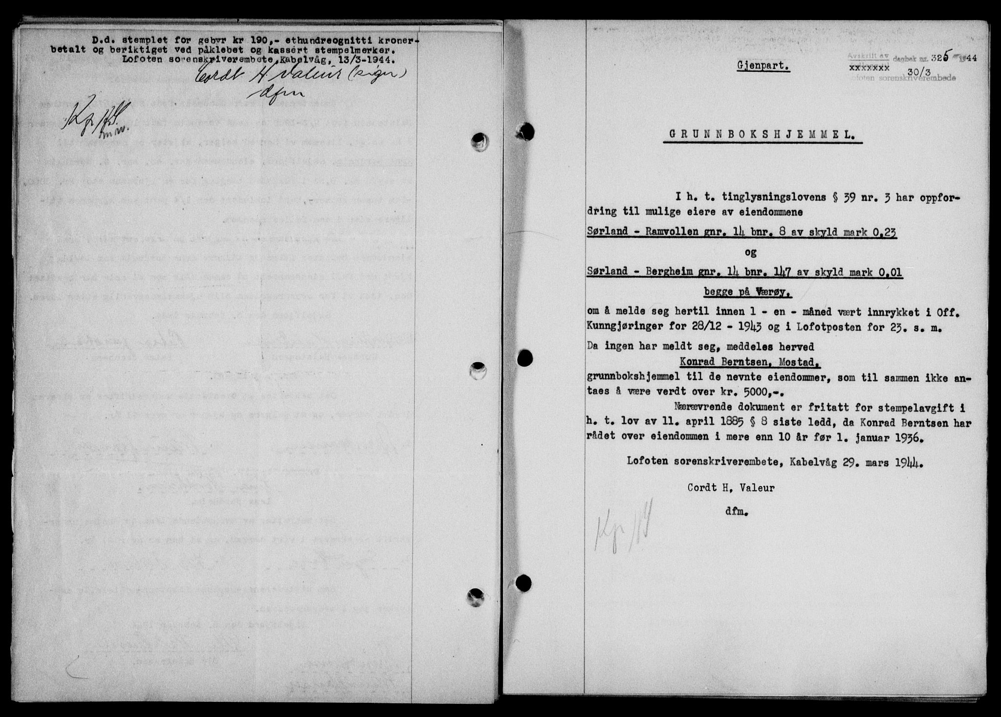 Lofoten sorenskriveri, SAT/A-0017/1/2/2C/L0012a: Mortgage book no. 12a, 1943-1944, Diary no: : 325/1944