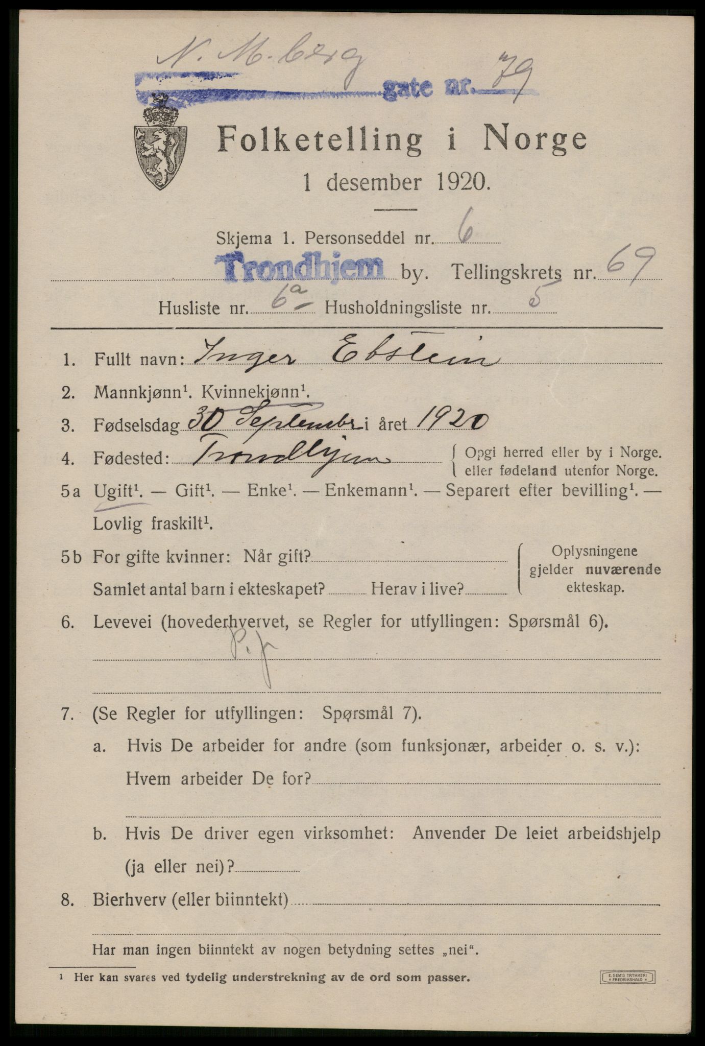 SAT, 1920 census for Trondheim, 1920, p. 136458