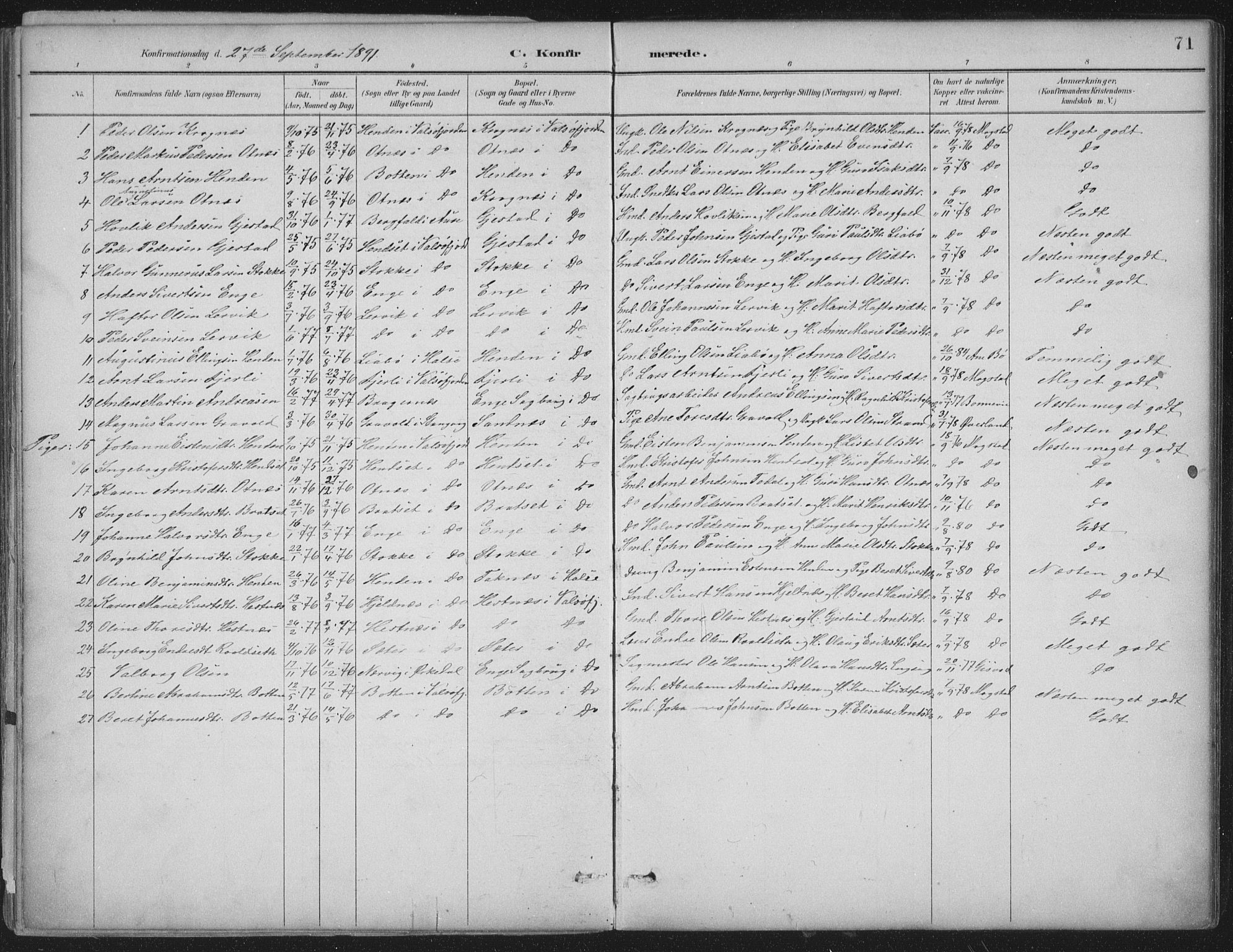 Ministerialprotokoller, klokkerbøker og fødselsregistre - Møre og Romsdal, AV/SAT-A-1454/580/L0925: Parish register (official) no. 580A02, 1888-1913, p. 71