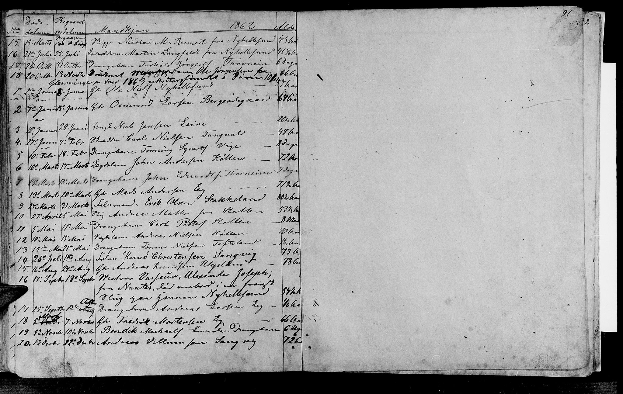 Søgne sokneprestkontor, SAK/1111-0037/F/Fb/Fbb/L0003: Parish register (copy) no. B 3, 1848-1864, p. 91