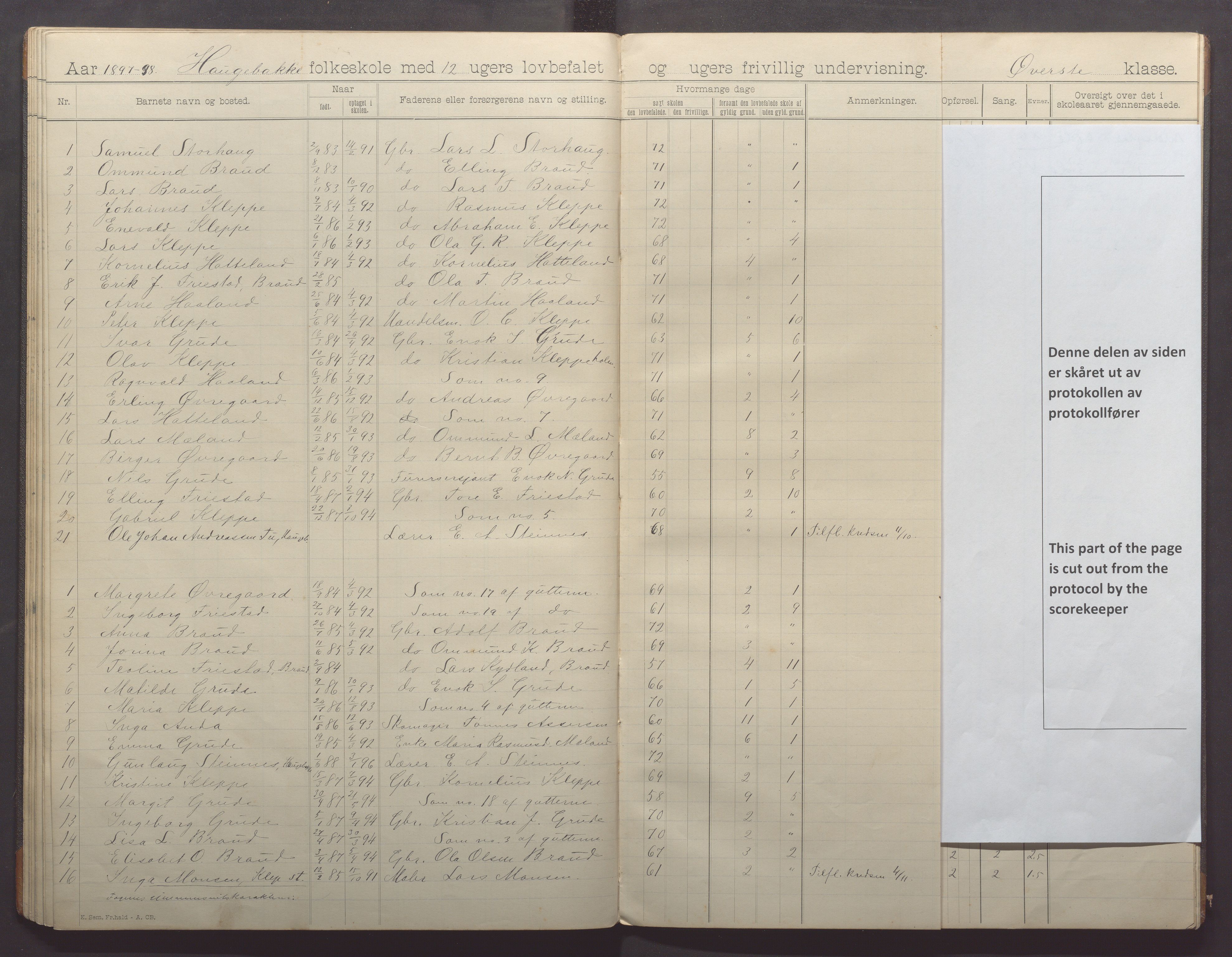 Klepp kommune - Haugebakke skule, IKAR/K-100292/H/L0002: Skoleprotokoll, 1892-1898, p. 41