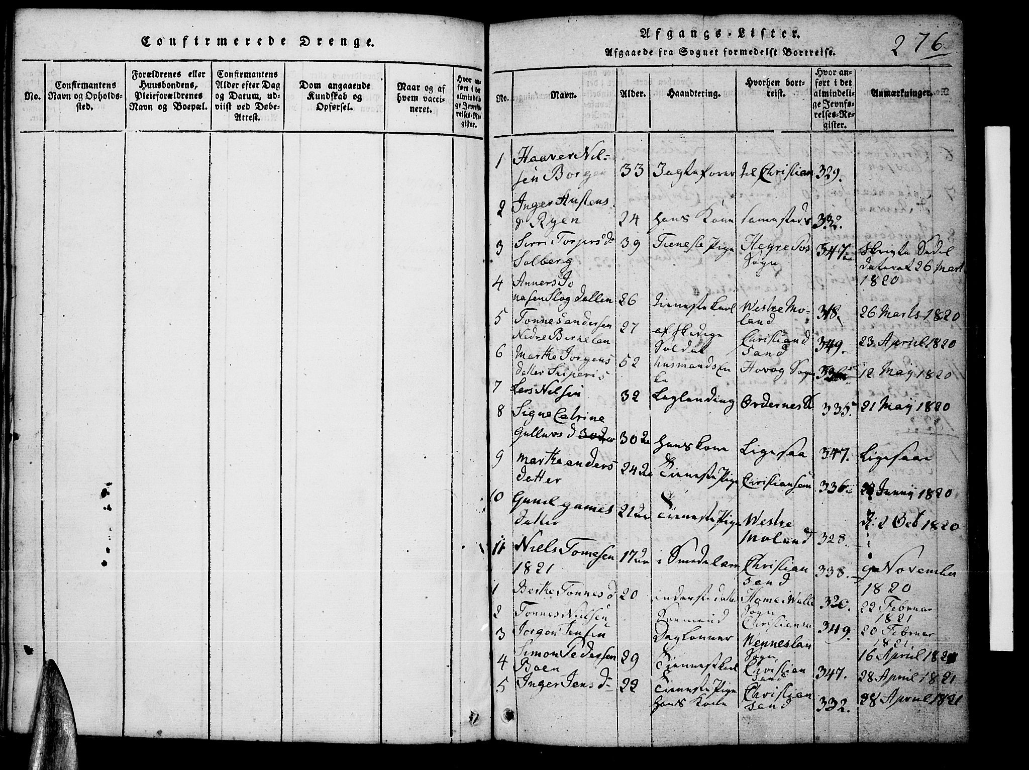 Tveit sokneprestkontor, AV/SAK-1111-0043/F/Fb/L0001: Parish register (copy) no. B 1, 1820-1834, p. 276