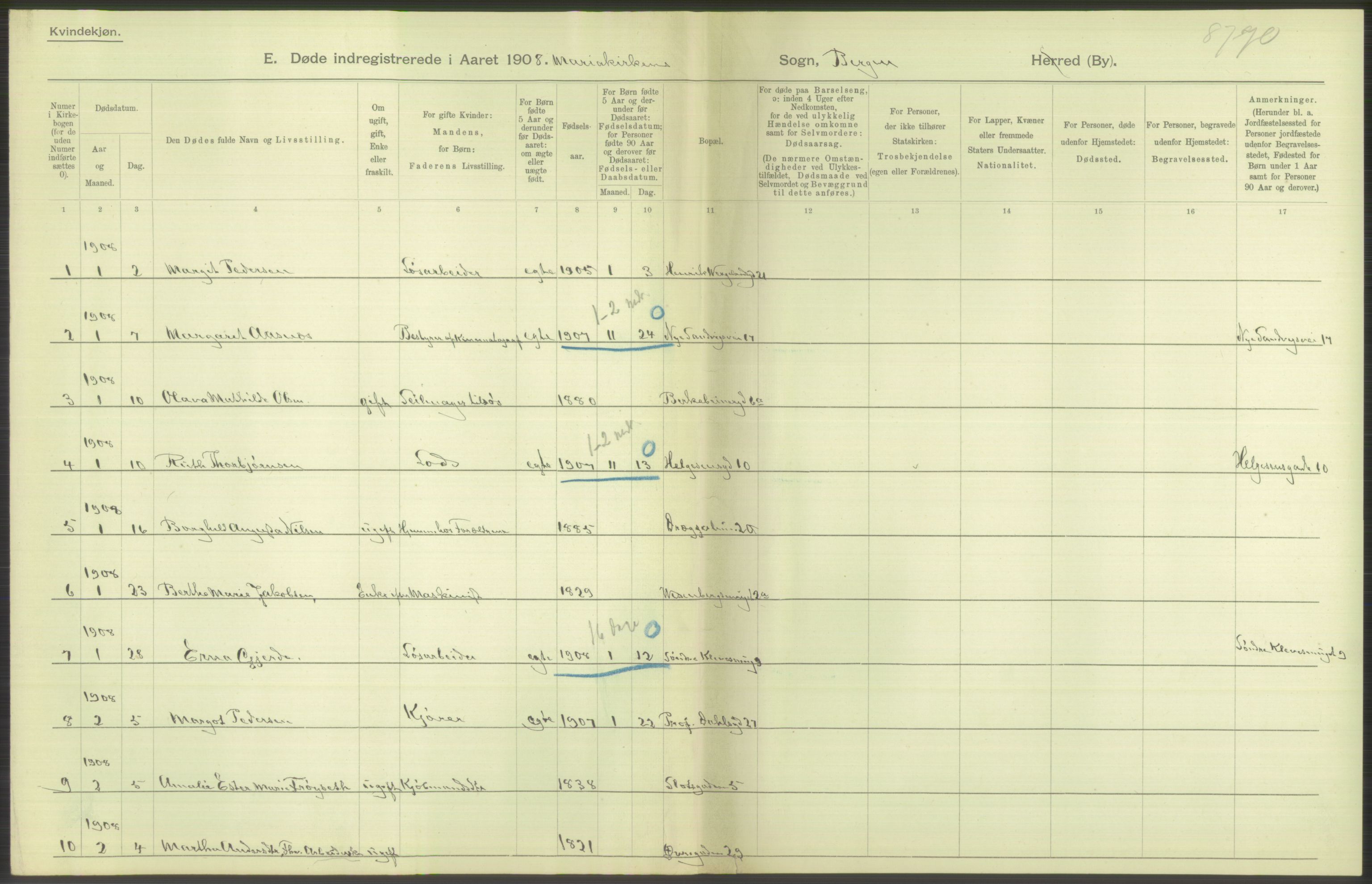 Statistisk sentralbyrå, Sosiodemografiske emner, Befolkning, AV/RA-S-2228/D/Df/Dfa/Dfaf/L0031: Bergen: Gifte, døde, dødfødte., 1908, p. 80