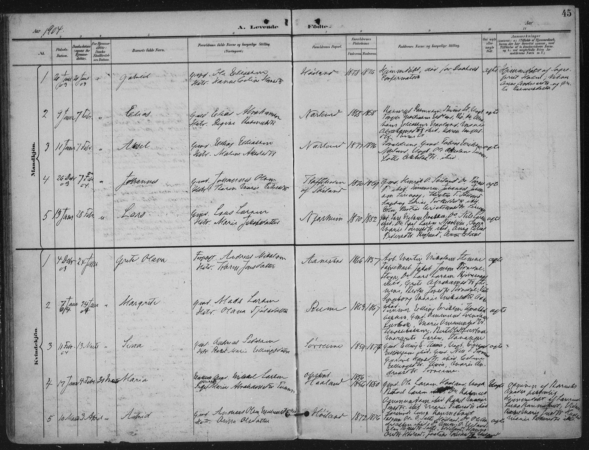 Hå sokneprestkontor, AV/SAST-A-101801/001/30BA/L0012: Parish register (official) no. A 11, 1897-1924, p. 45