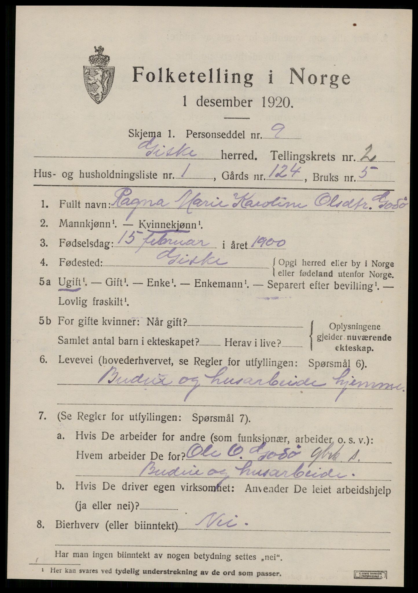SAT, 1920 census for Giske, 1920, p. 878