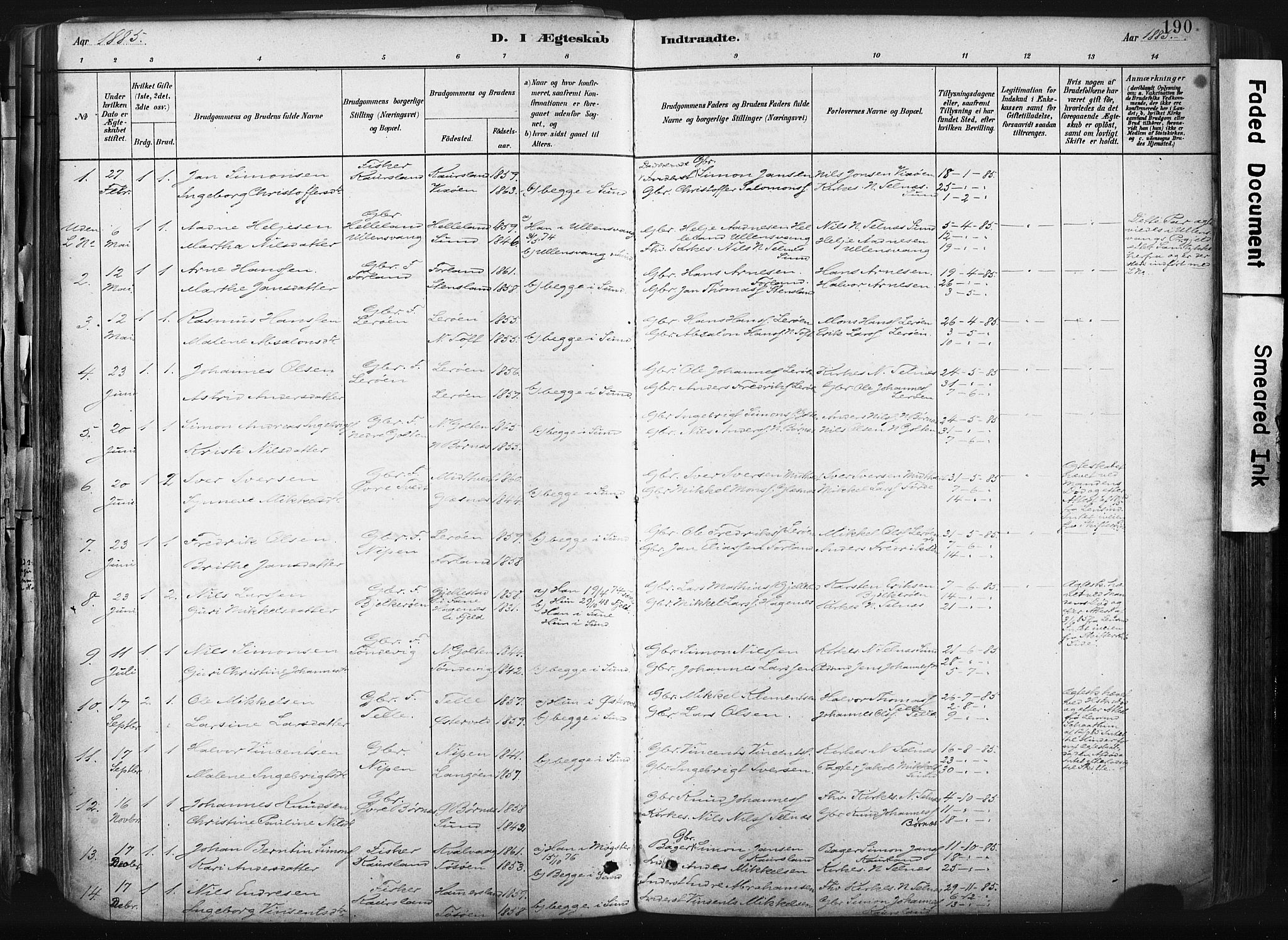 Sund sokneprestembete, SAB/A-99930: Parish register (official) no. B 1, 1882-1907, p. 190