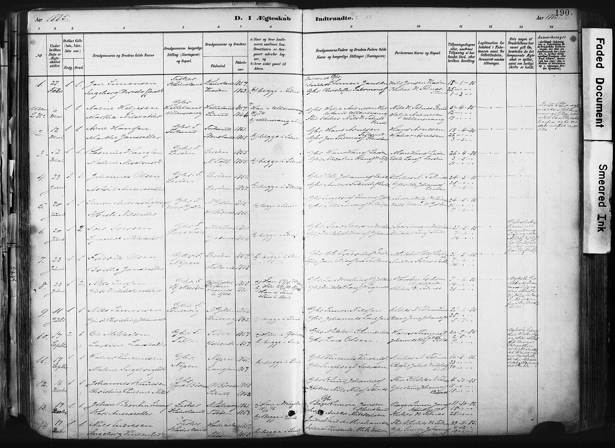 Sund sokneprestembete, AV/SAB-A-99930: Parish register (official) no. B 1, 1882-1907, p. 190