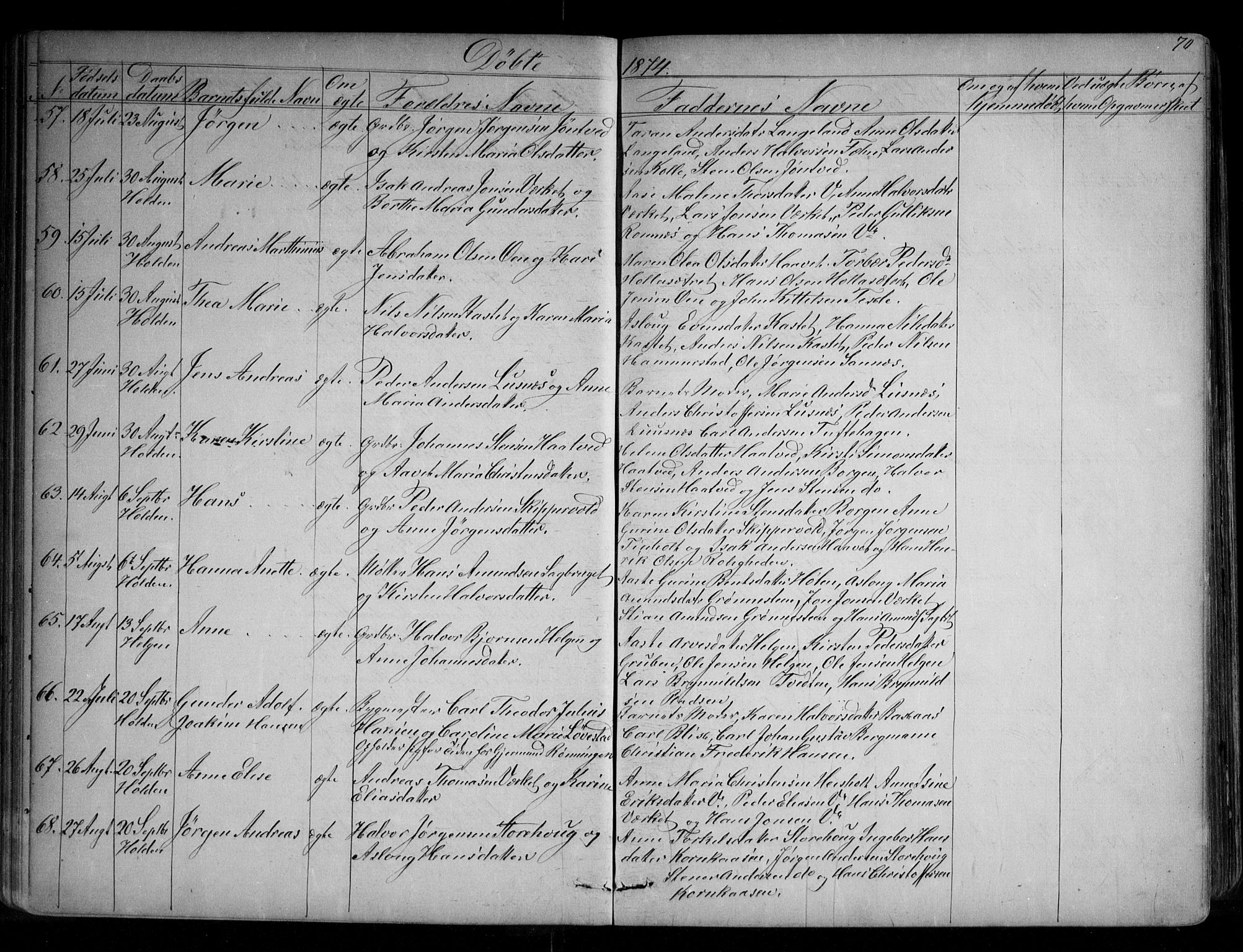 Holla kirkebøker, SAKO/A-272/G/Ga/L0004: Parish register (copy) no. I 4, 1867-1890, p. 70
