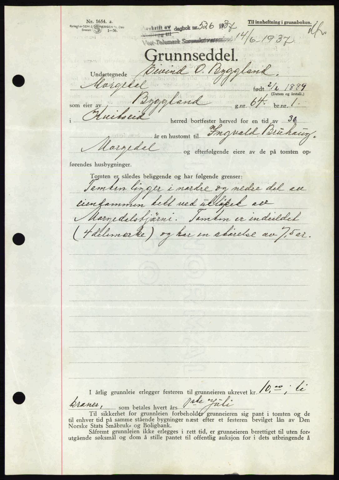 Vest-Telemark sorenskriveri, AV/SAKO-A-134/G/Ga/Gad/L0001: Mortgage book no. B-1, 1937-1938, Diary no: : 526/1937