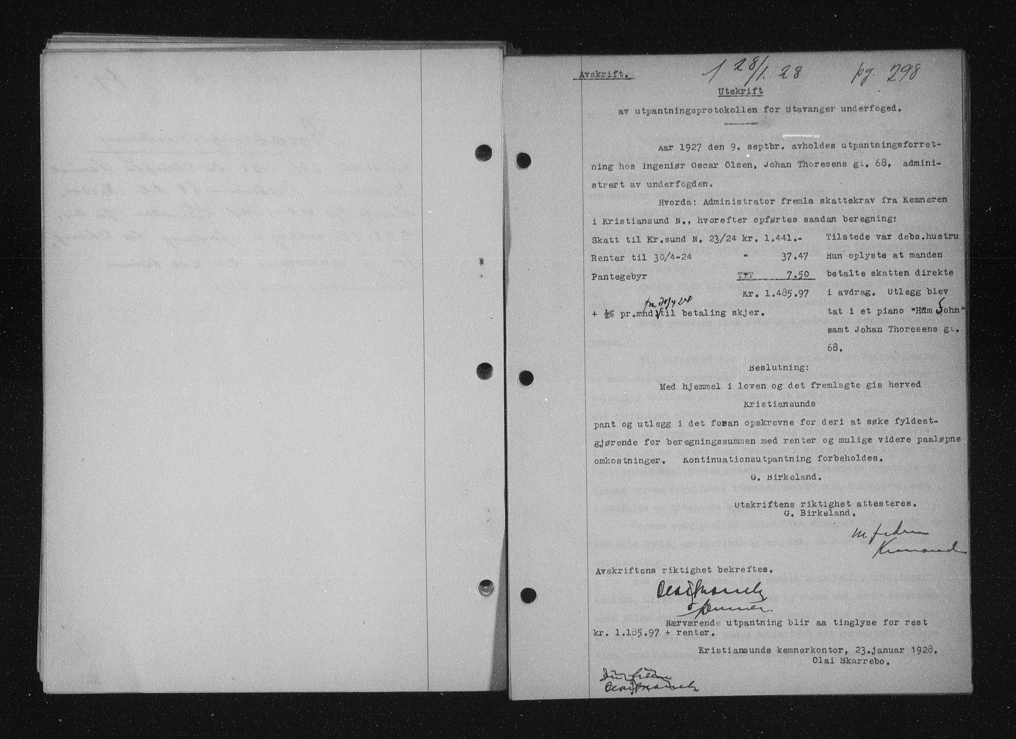 Stavanger byfogd, SAST/A-101408/001/4/41/410/410BB/L0053: Mortgage book no. 41, 1927-1928, Deed date: 28.01.1928