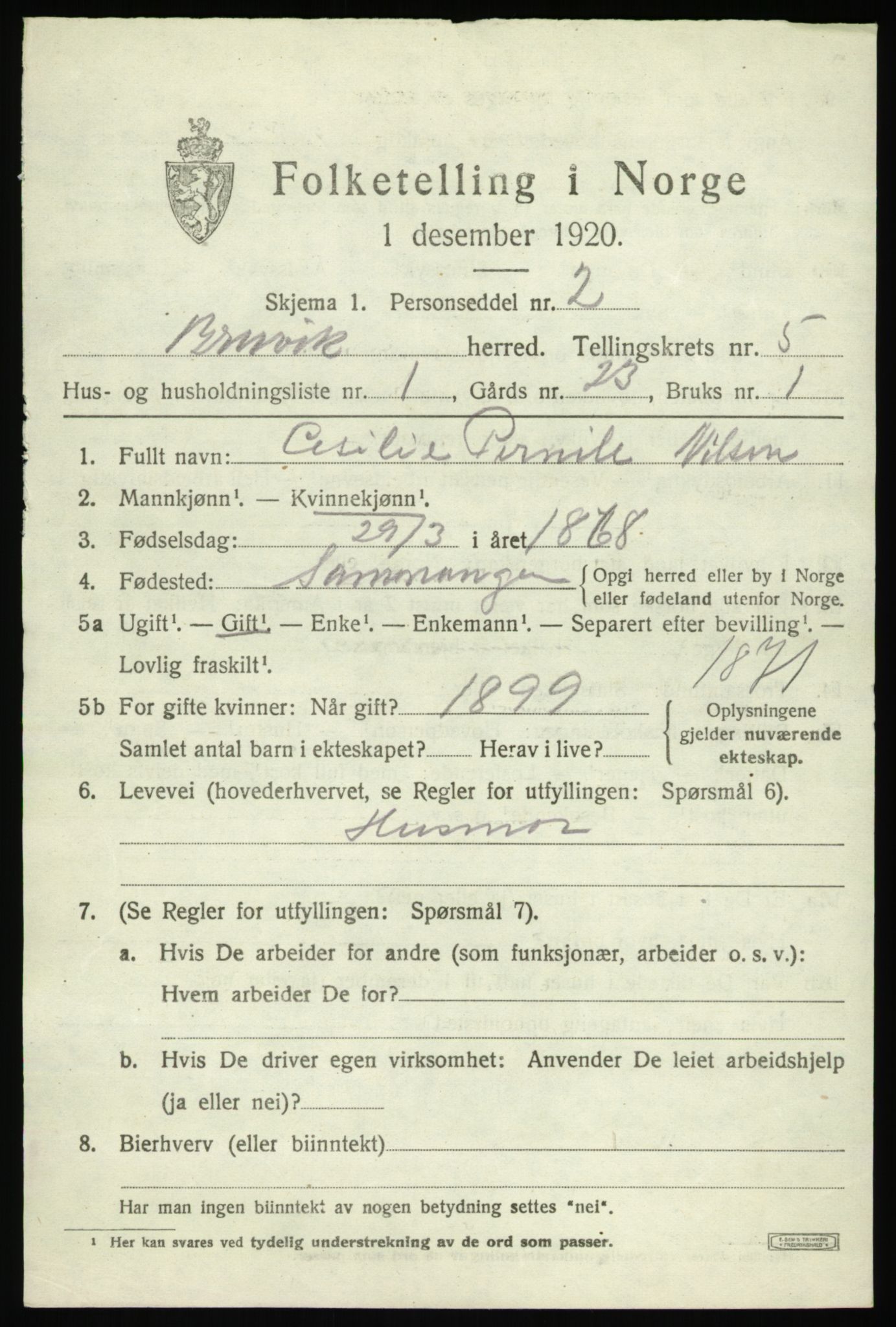 SAB, 1920 census for Bruvik, 1920, p. 2636