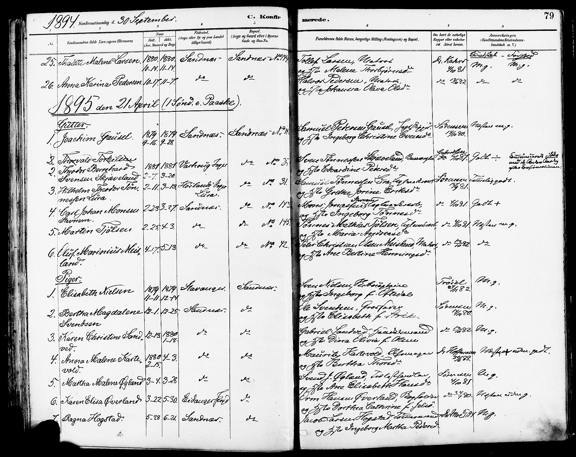 Høyland sokneprestkontor, AV/SAST-A-101799/001/30BA/L0014: Parish register (official) no. A 12, 1890-1898, p. 79