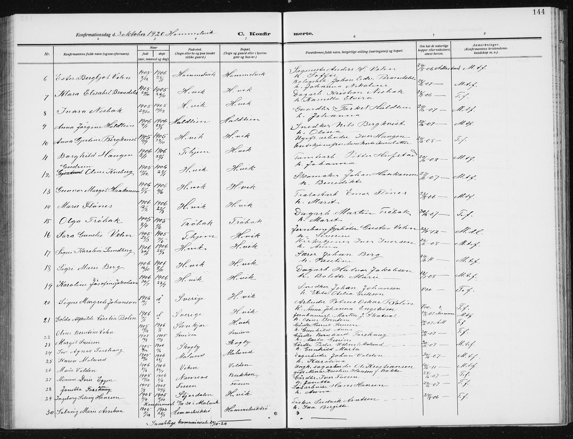 Ministerialprotokoller, klokkerbøker og fødselsregistre - Sør-Trøndelag, SAT/A-1456/617/L0431: Parish register (copy) no. 617C02, 1910-1936, p. 144