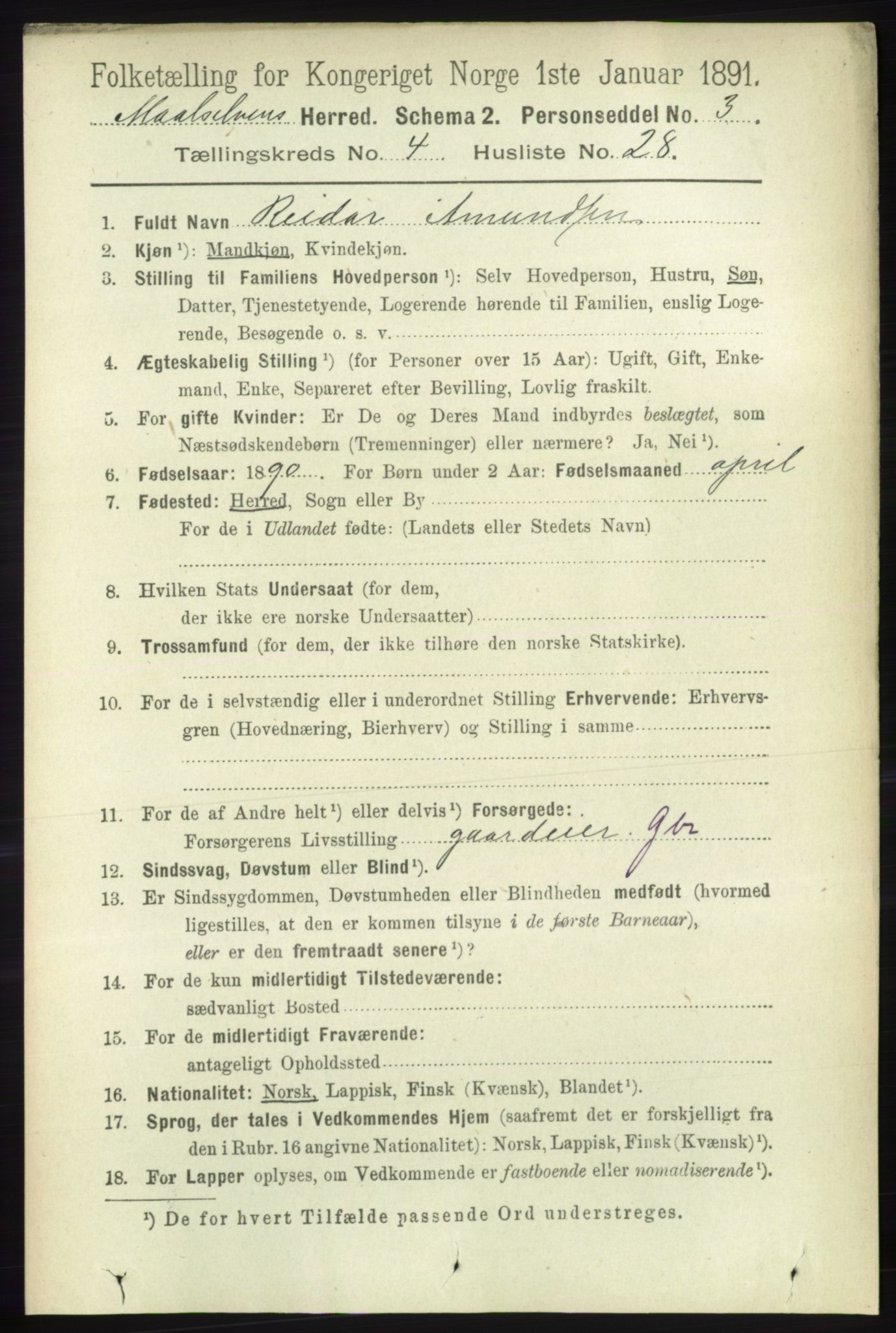 RA, 1891 census for 1924 Målselv, 1891, p. 1295