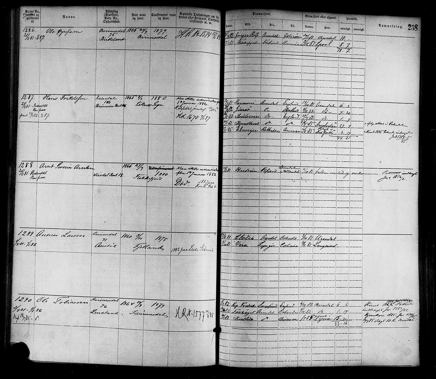 Flekkefjord mønstringskrets, AV/SAK-2031-0018/F/Fa/L0002: Annotasjonsrulle nr 1-1920 med register, N-2, 1870-1891, p. 286