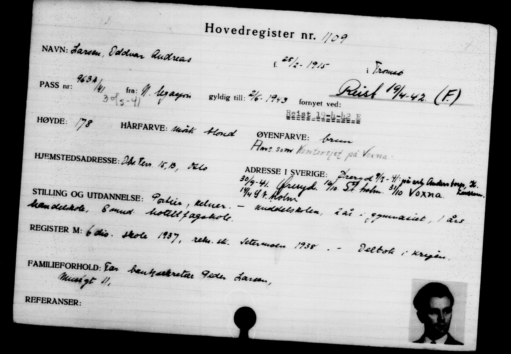 Utenriksstasjonene, Legasjonen i Stockholm, Flyktningkontoret, AV/RA-S-6753/V/Va/L0002: Kjesäterkartoteket, flyktninger med registreringsnr. 1001-2000, 1940-1945, p. 180