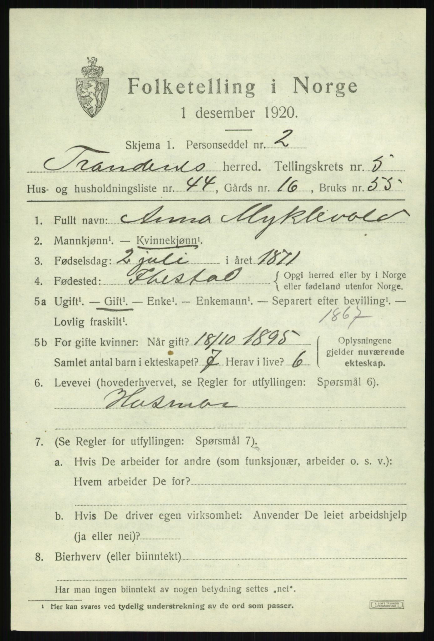 SATØ, 1920 census for Trondenes, 1920, p. 5799