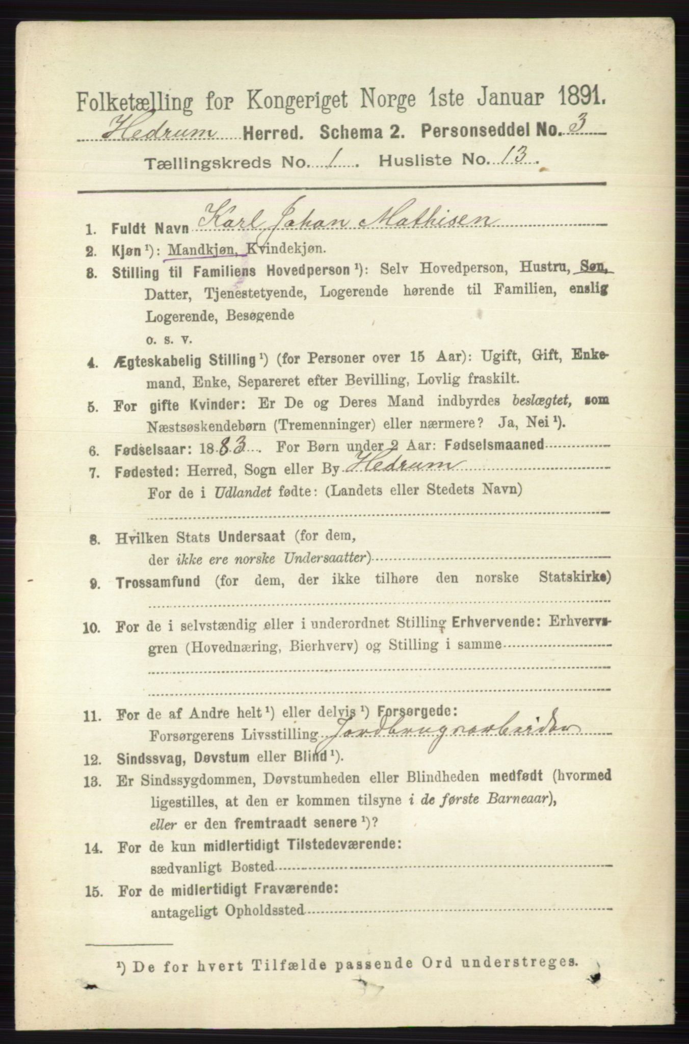 RA, 1891 census for 0727 Hedrum, 1891, p. 274