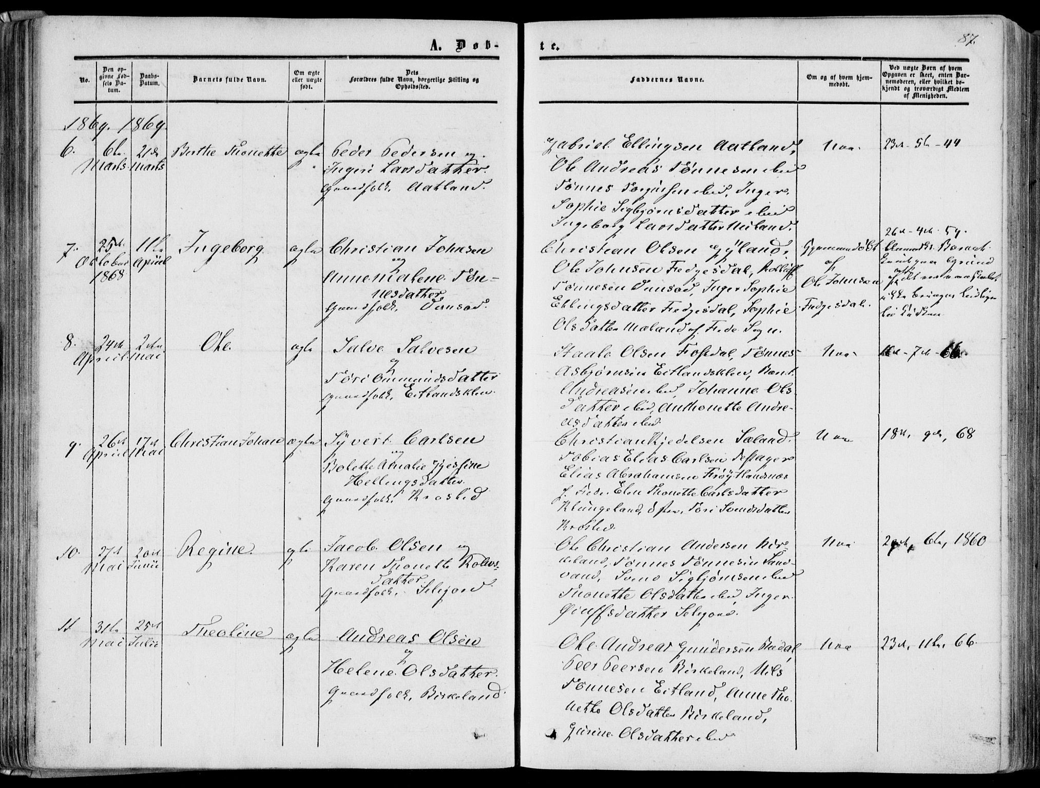 Bakke sokneprestkontor, AV/SAK-1111-0002/F/Fa/Fab/L0002: Parish register (official) no. A 2, 1855-1884, p. 87