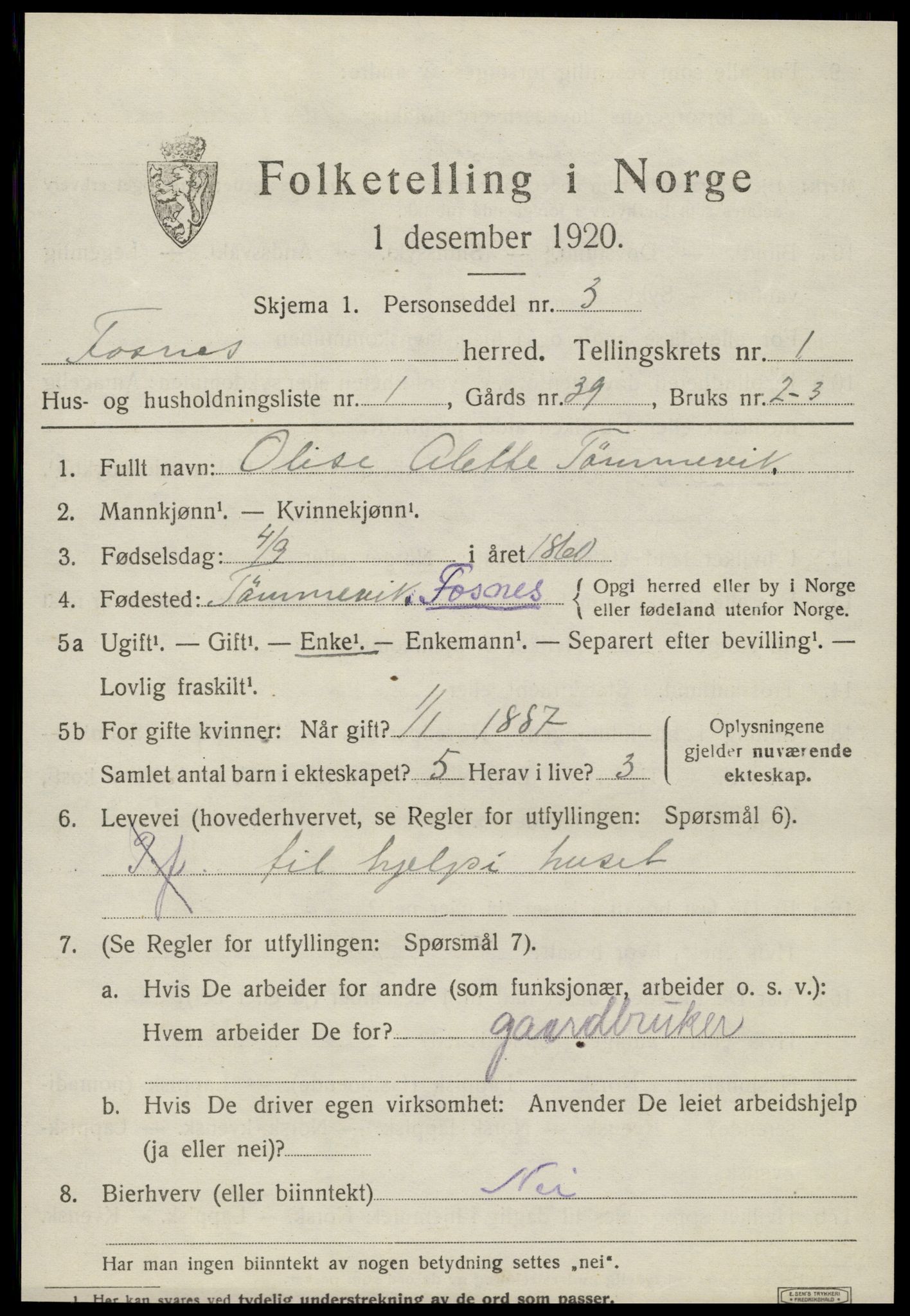 SAT, 1920 census for Fosnes, 1920, p. 419