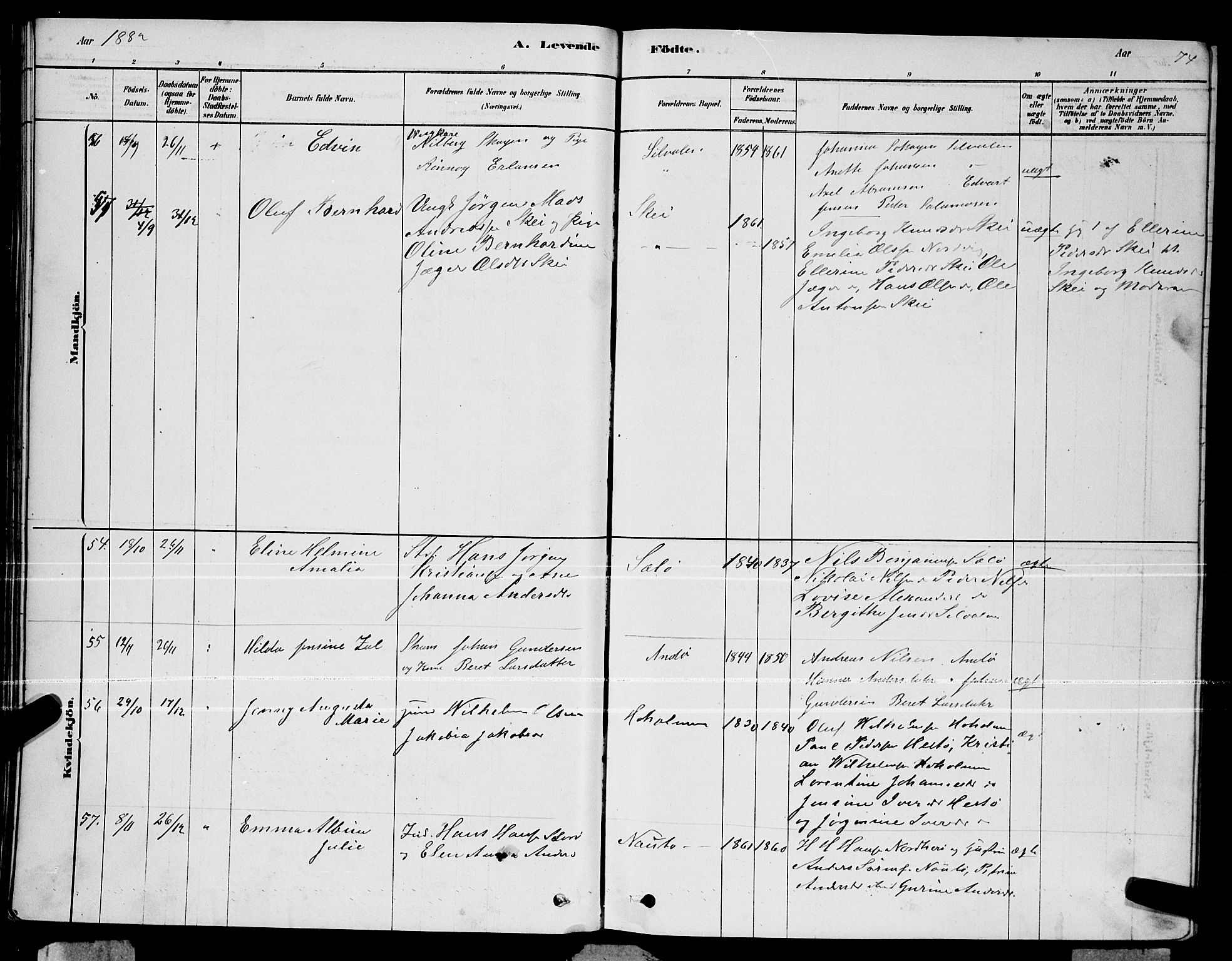 Ministerialprotokoller, klokkerbøker og fødselsregistre - Nordland, SAT/A-1459/834/L0513: Parish register (copy) no. 834C04, 1877-1892, p. 74
