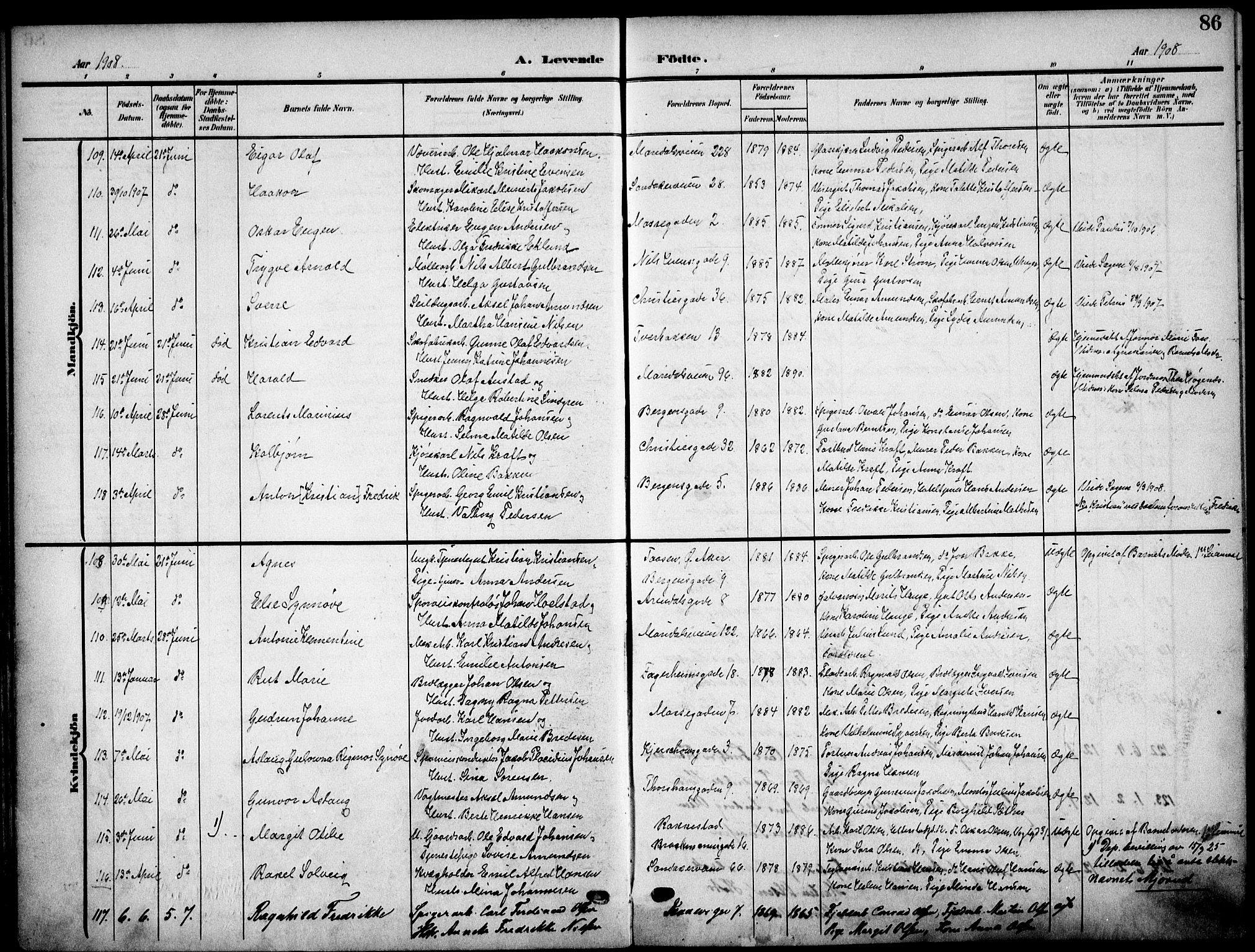 Sagene prestekontor Kirkebøker, SAO/A-10796/F/L0007: Parish register (official) no. 7, 1905-1915, p. 86