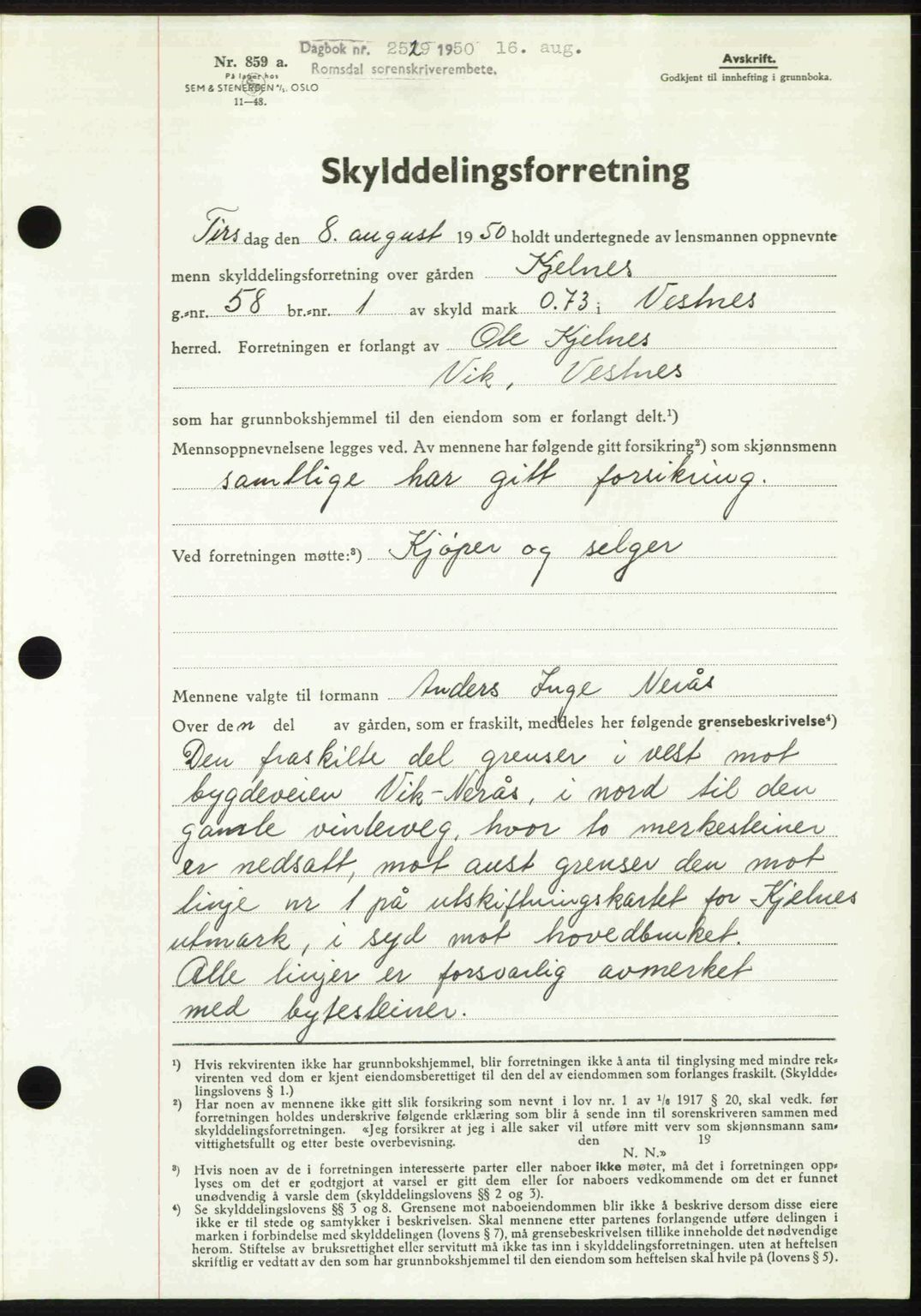 Romsdal sorenskriveri, AV/SAT-A-4149/1/2/2C: Mortgage book no. A34, 1950-1950, Diary no: : 2529/1950