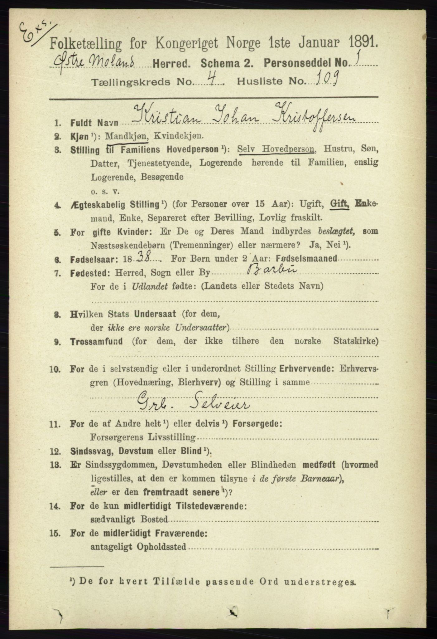 RA, Census 1891 for Nedenes amt: Gjenparter av personsedler for beslektede ektefeller, menn, 1891, p. 497