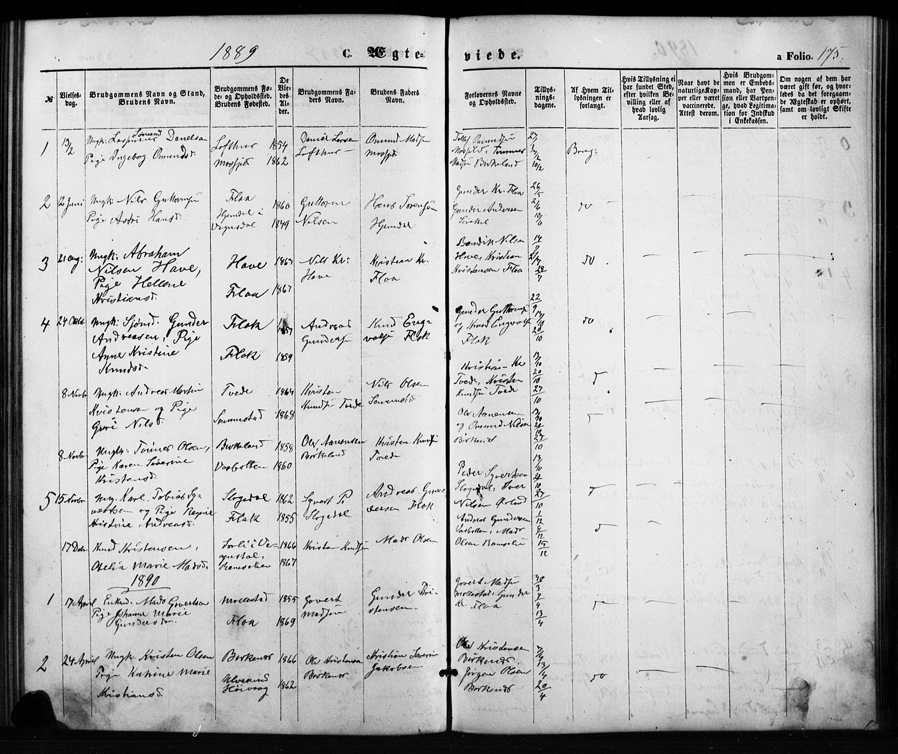Birkenes sokneprestkontor, SAK/1111-0004/F/Fb/L0003: Parish register (copy) no. B 3, 1876-1892, p. 175