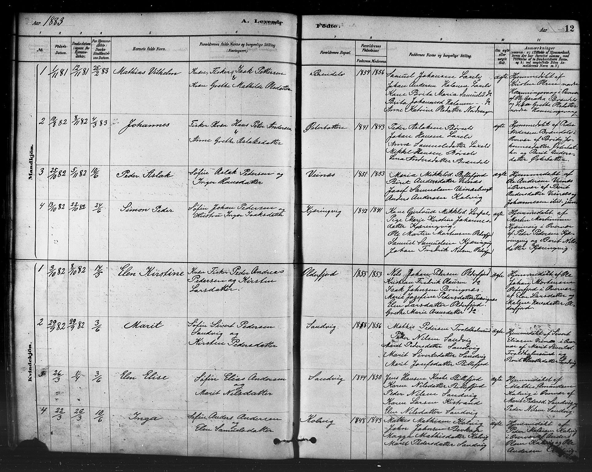 Kistrand/Porsanger sokneprestembete, AV/SATØ-S-1351/H/Ha/L0007.kirke: Parish register (official) no. 7, 1881-1889, p. 12