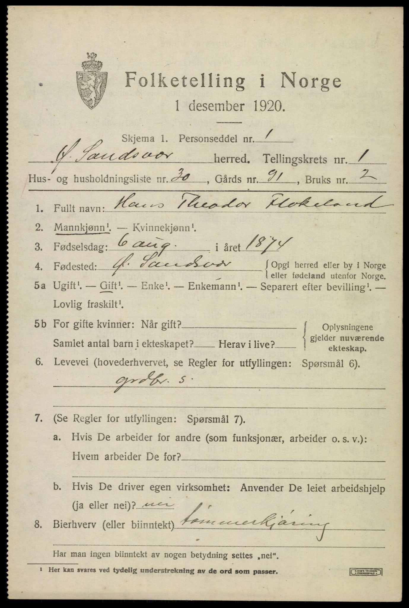 SAKO, 1920 census for Øvre Sandsvær, 1920, p. 1290