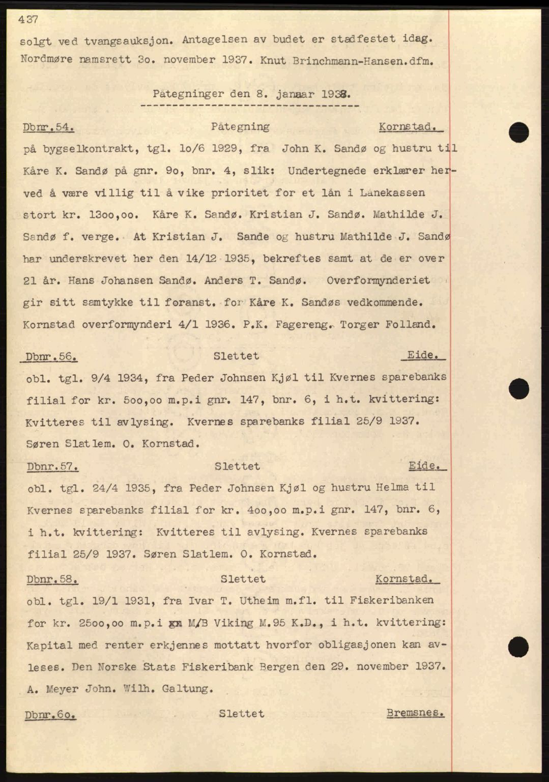 Nordmøre sorenskriveri, AV/SAT-A-4132/1/2/2Ca: Mortgage book no. C80, 1936-1939, Diary no: : 54/1938