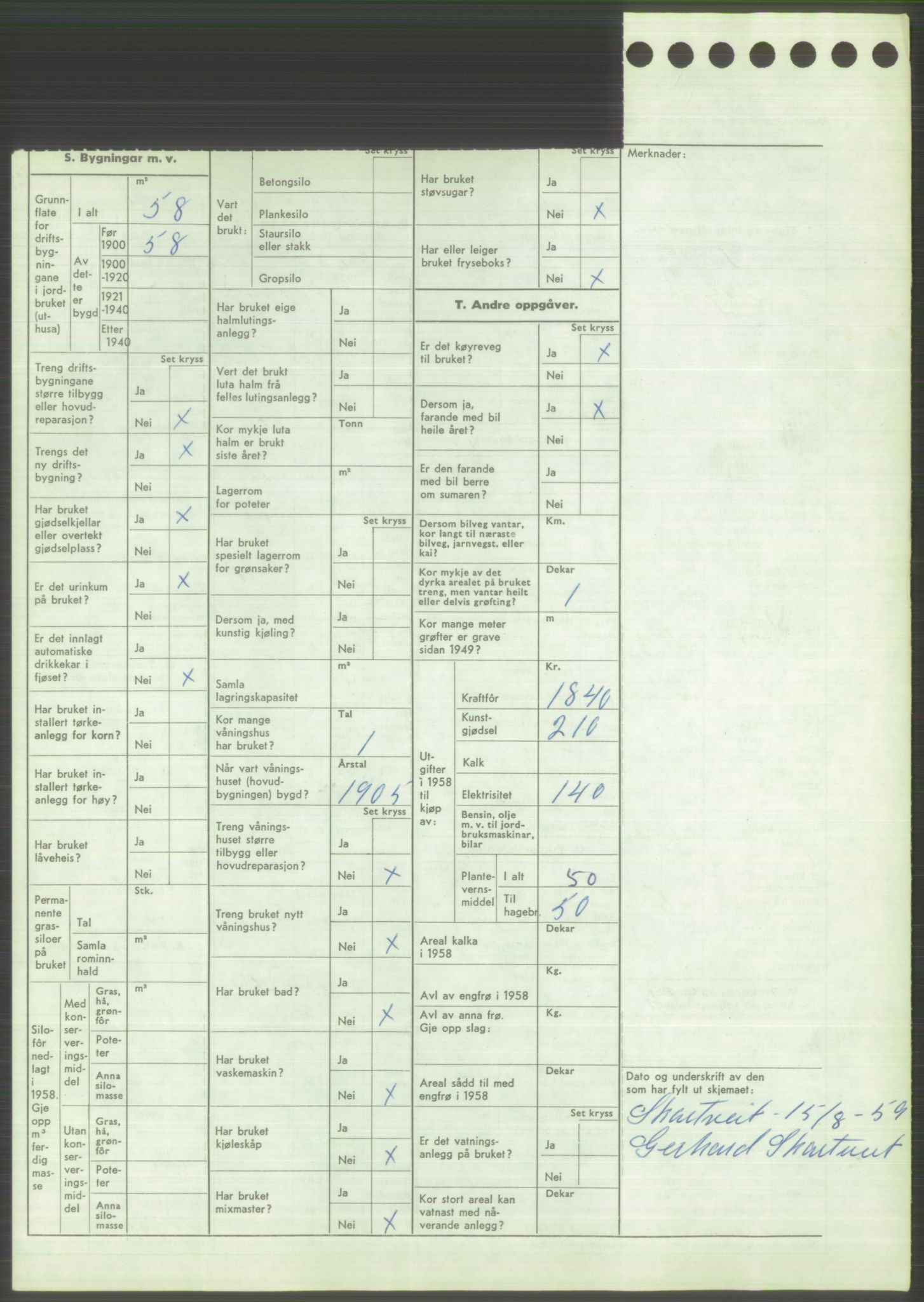 Statistisk sentralbyrå, Næringsøkonomiske emner, Jordbruk, skogbruk, jakt, fiske og fangst, AV/RA-S-2234/G/Gd/L0373: Rogaland: 1130 Strand (kl. 1-2), 1131 Årdal og 1132 Fister, 1959, p. 1790