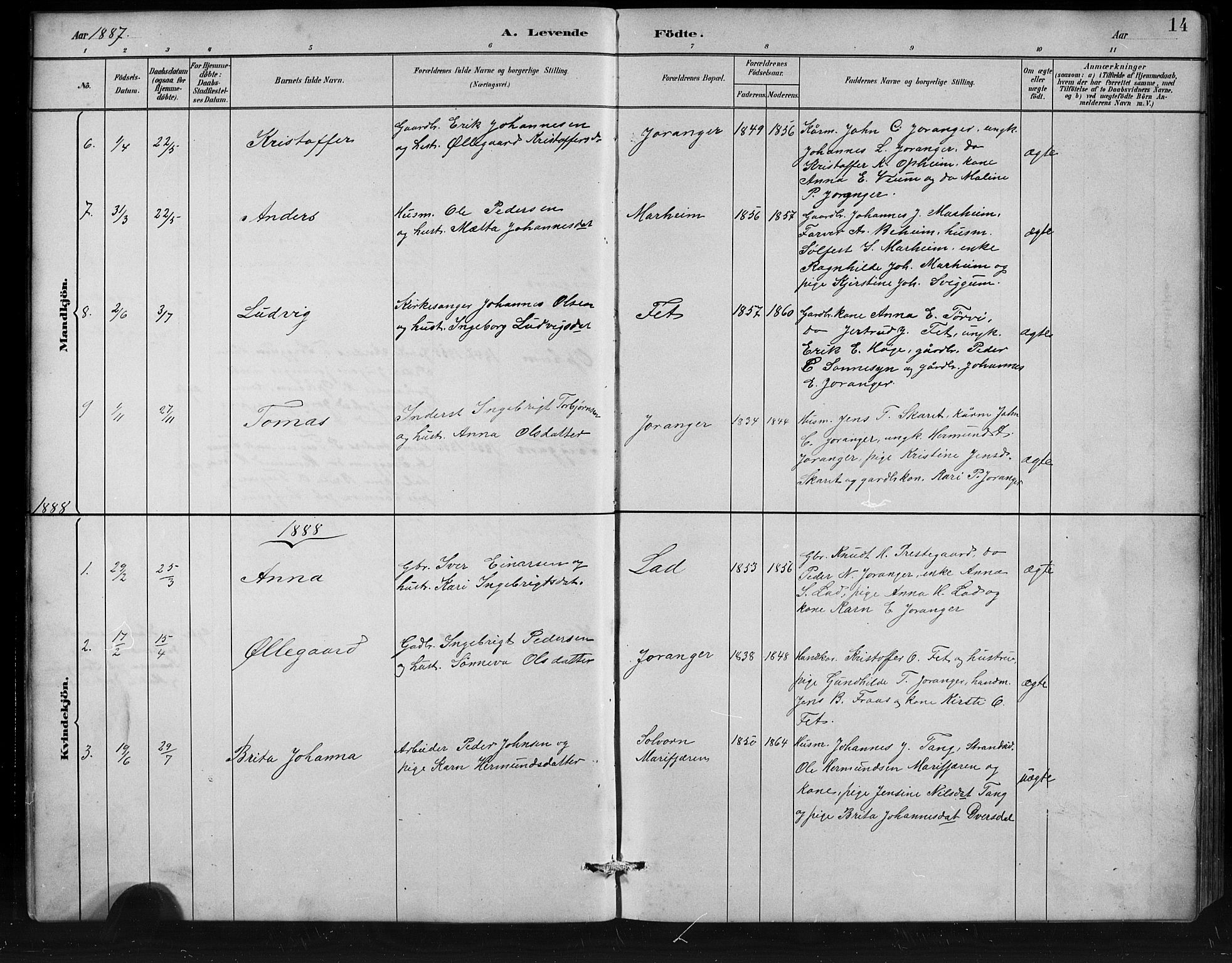 Jostedal sokneprestembete, AV/SAB-A-80601/H/Hab/Habd/L0001: Parish register (copy) no. D 1, 1882-1910, p. 14