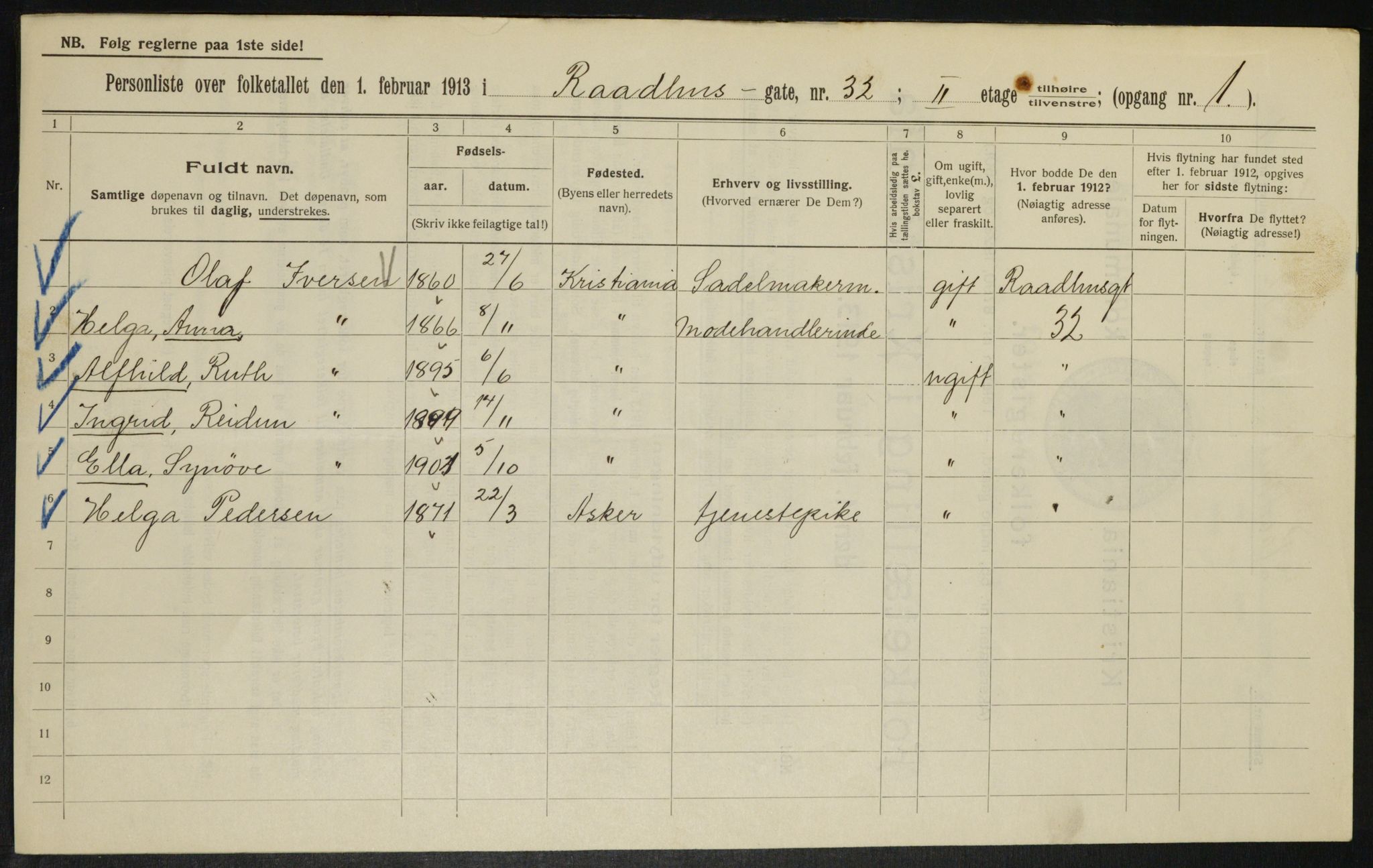 OBA, Municipal Census 1913 for Kristiania, 1913, p. 86410