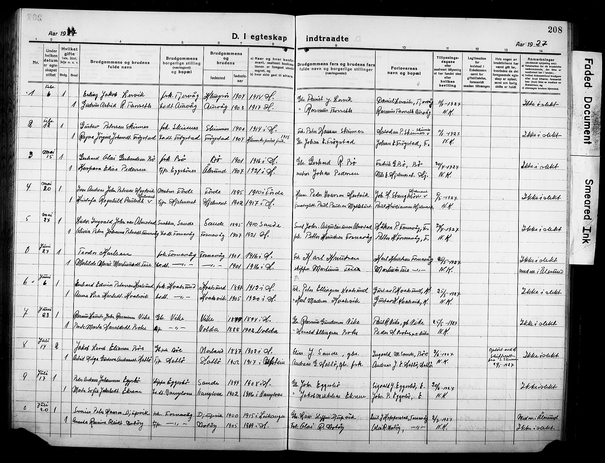 Ministerialprotokoller, klokkerbøker og fødselsregistre - Møre og Romsdal, AV/SAT-A-1454/507/L0084: Parish register (copy) no. 507C07, 1919-1932, p. 208