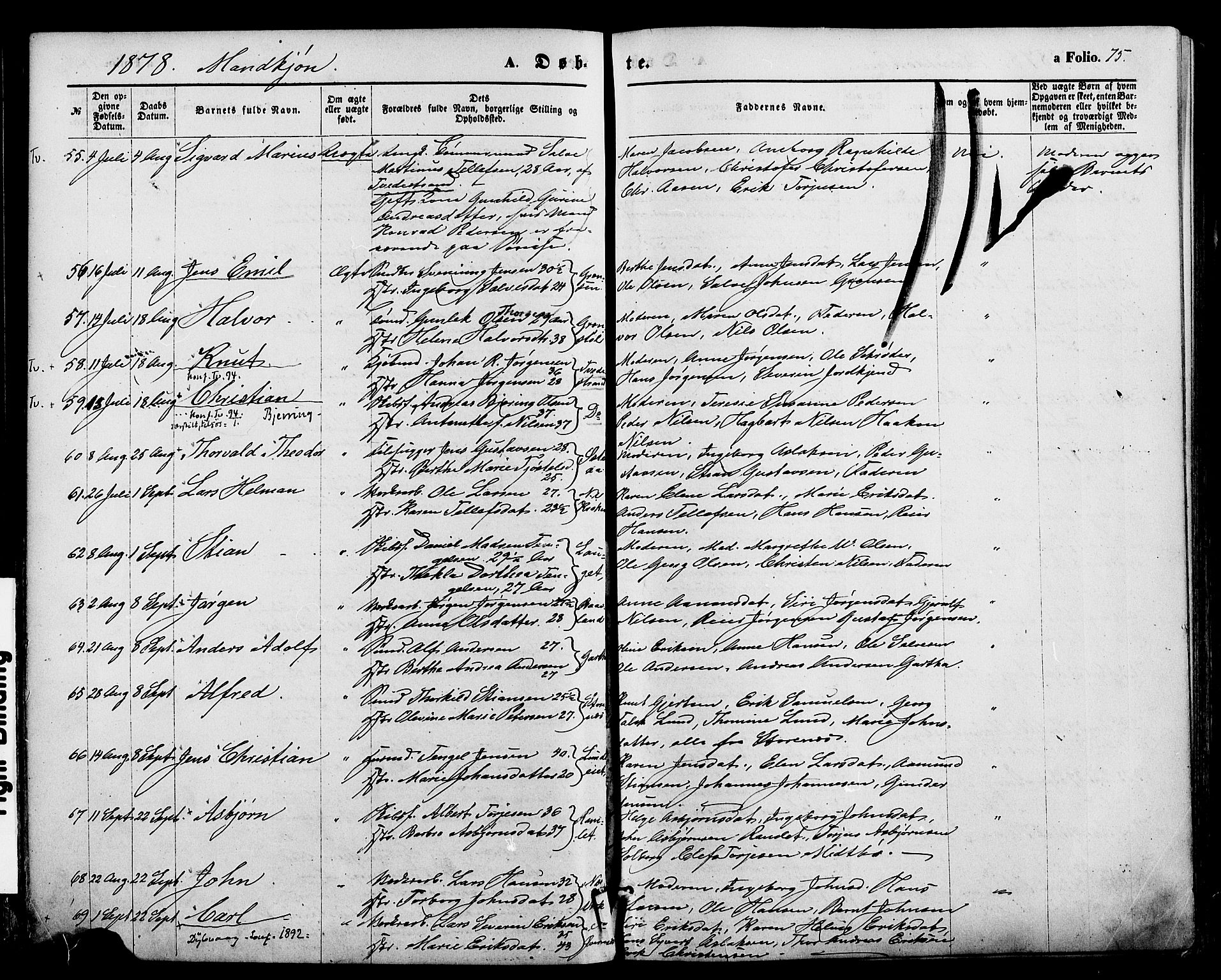 Holt sokneprestkontor, AV/SAK-1111-0021/F/Fa/L0010: Parish register (official) no. A 10, 1872-1885, p. 75