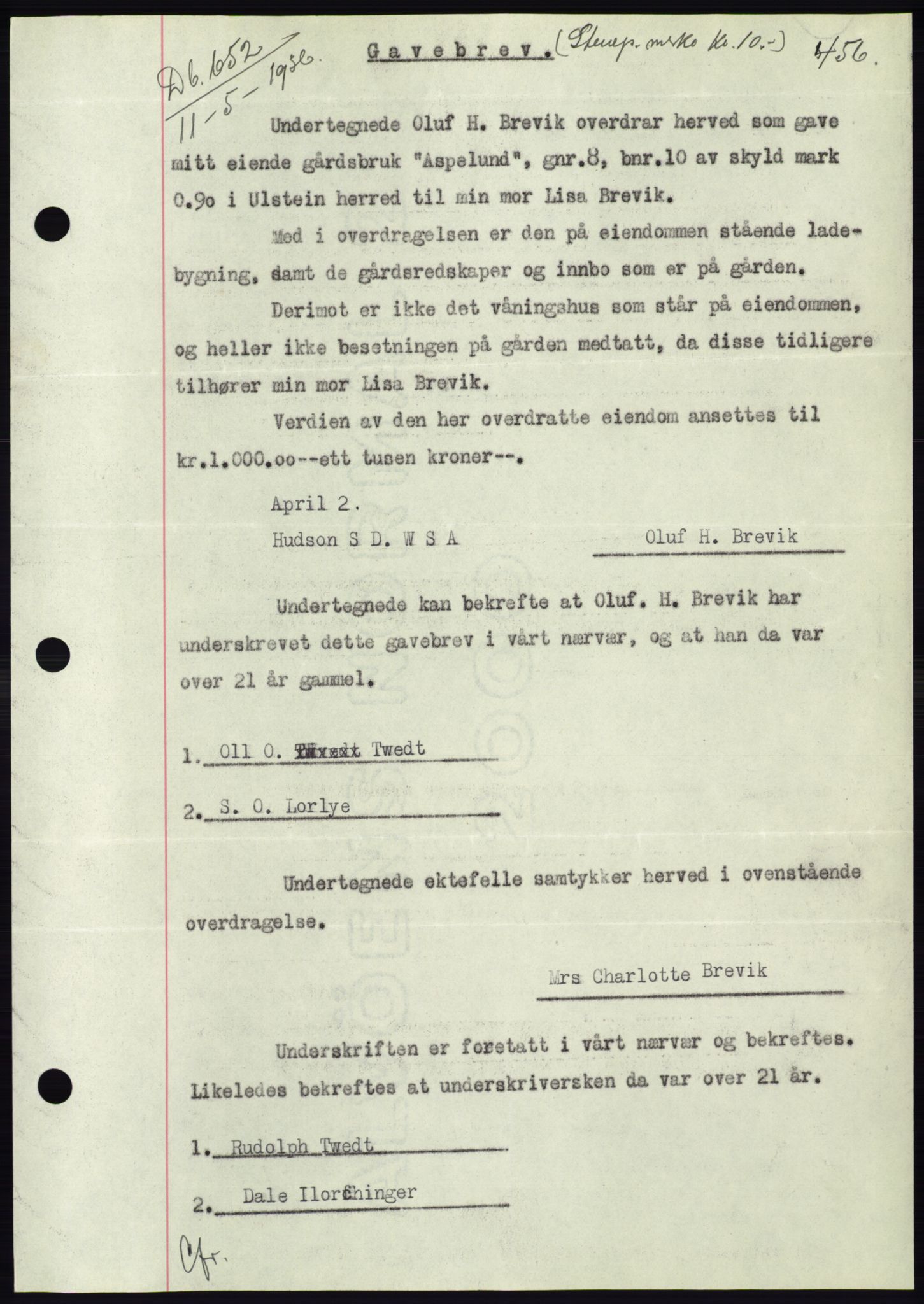 Søre Sunnmøre sorenskriveri, AV/SAT-A-4122/1/2/2C/L0060: Mortgage book no. 54, 1935-1936, Deed date: 11.05.1936