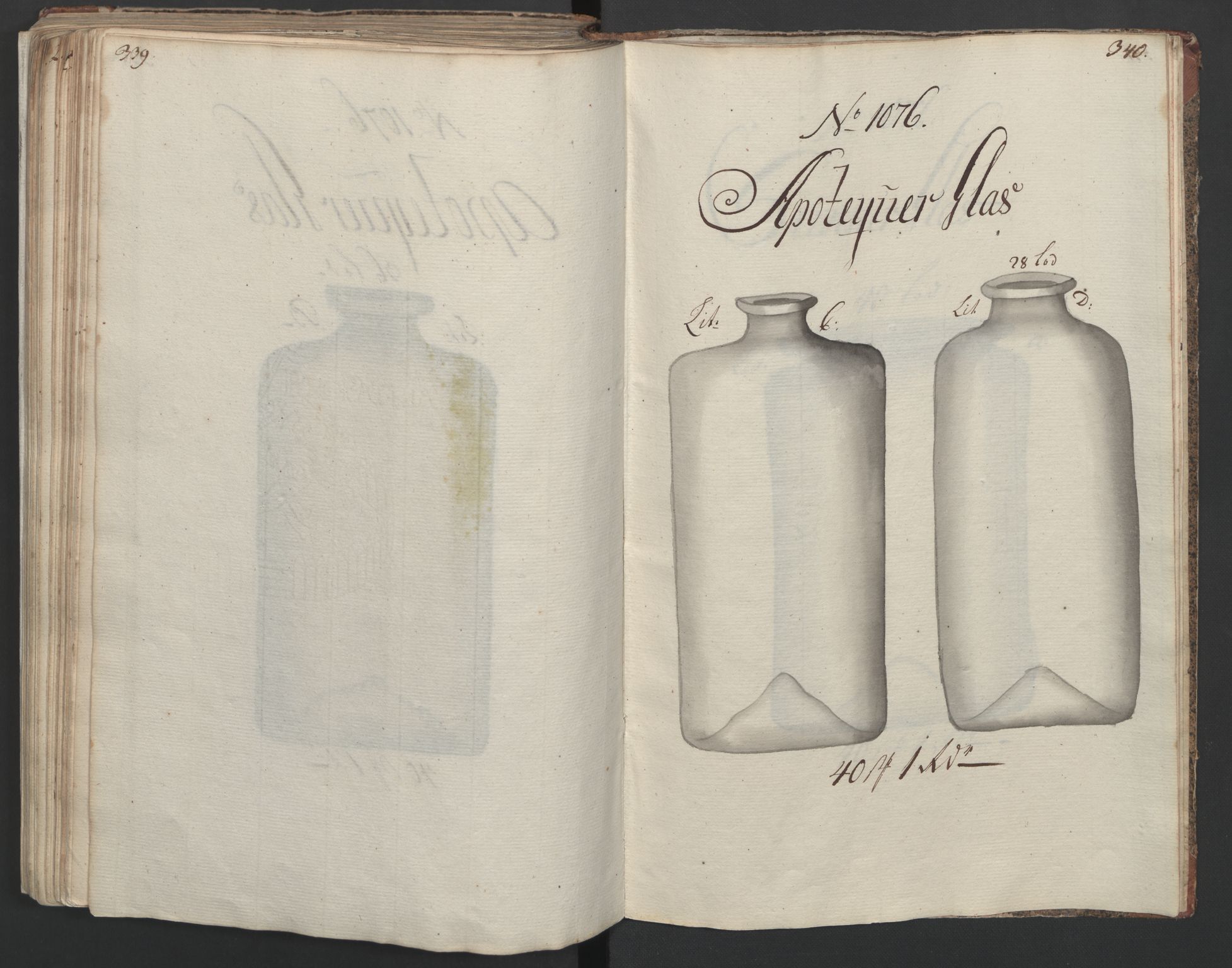 Glassverk, samlinger, AV/RA-PA-0001/F/Fa/L0036: Modellbok for Nøstetangens og Aas' produkter med prisangivelse,, 1763, p. 339-340