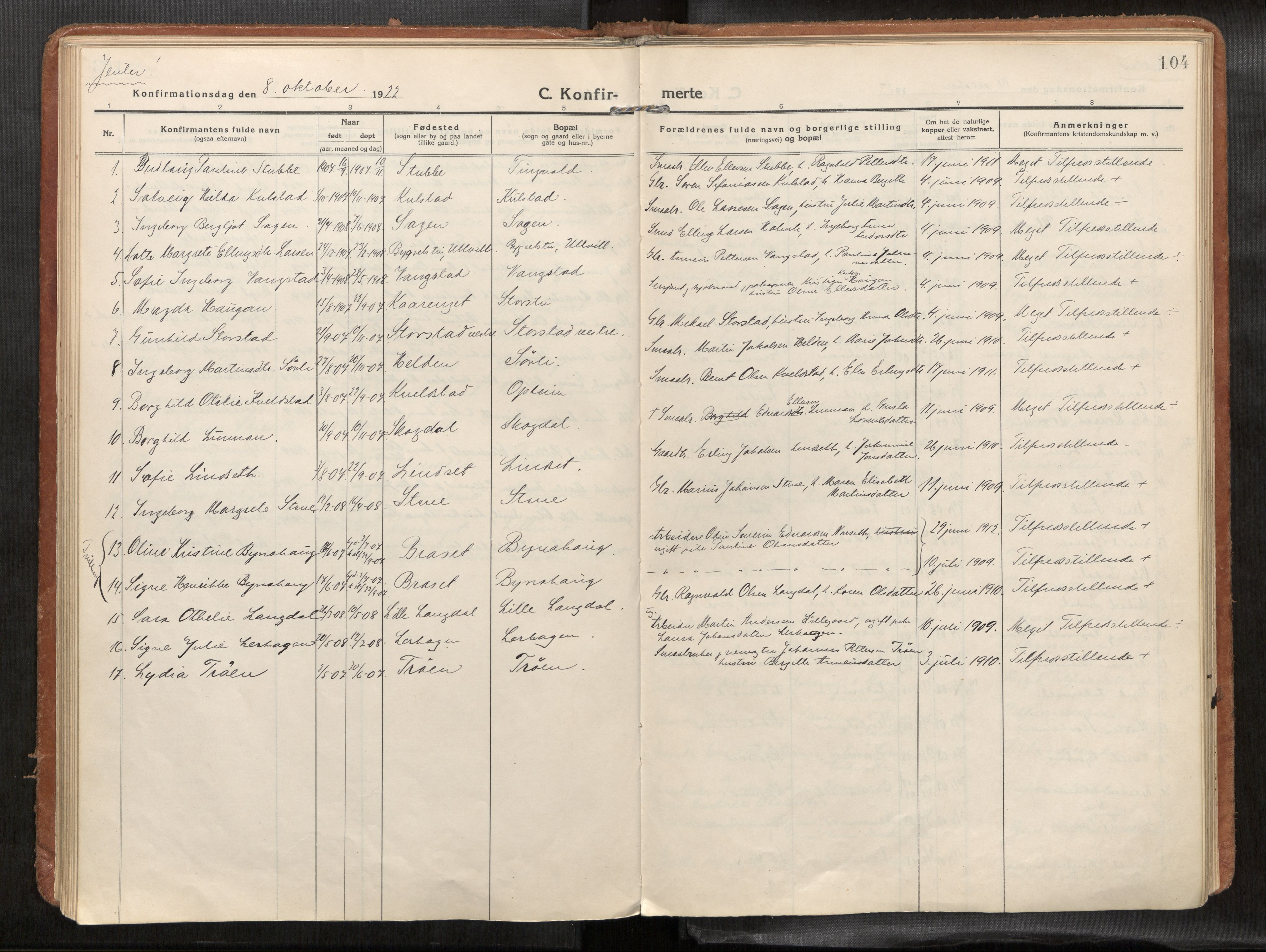 Verdal sokneprestkontor, SAT/A-1156/2/H/Haa/L0004: Parish register (official) no. 4, 1916-1928, p. 104