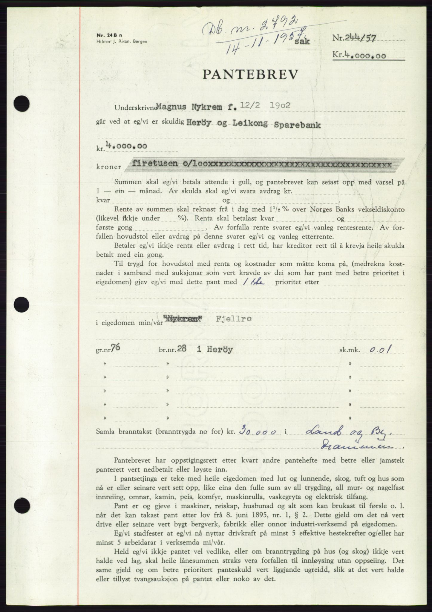 Søre Sunnmøre sorenskriveri, AV/SAT-A-4122/1/2/2C/L0130: Mortgage book no. 18B, 1957-1958, Diary no: : 2792/1957