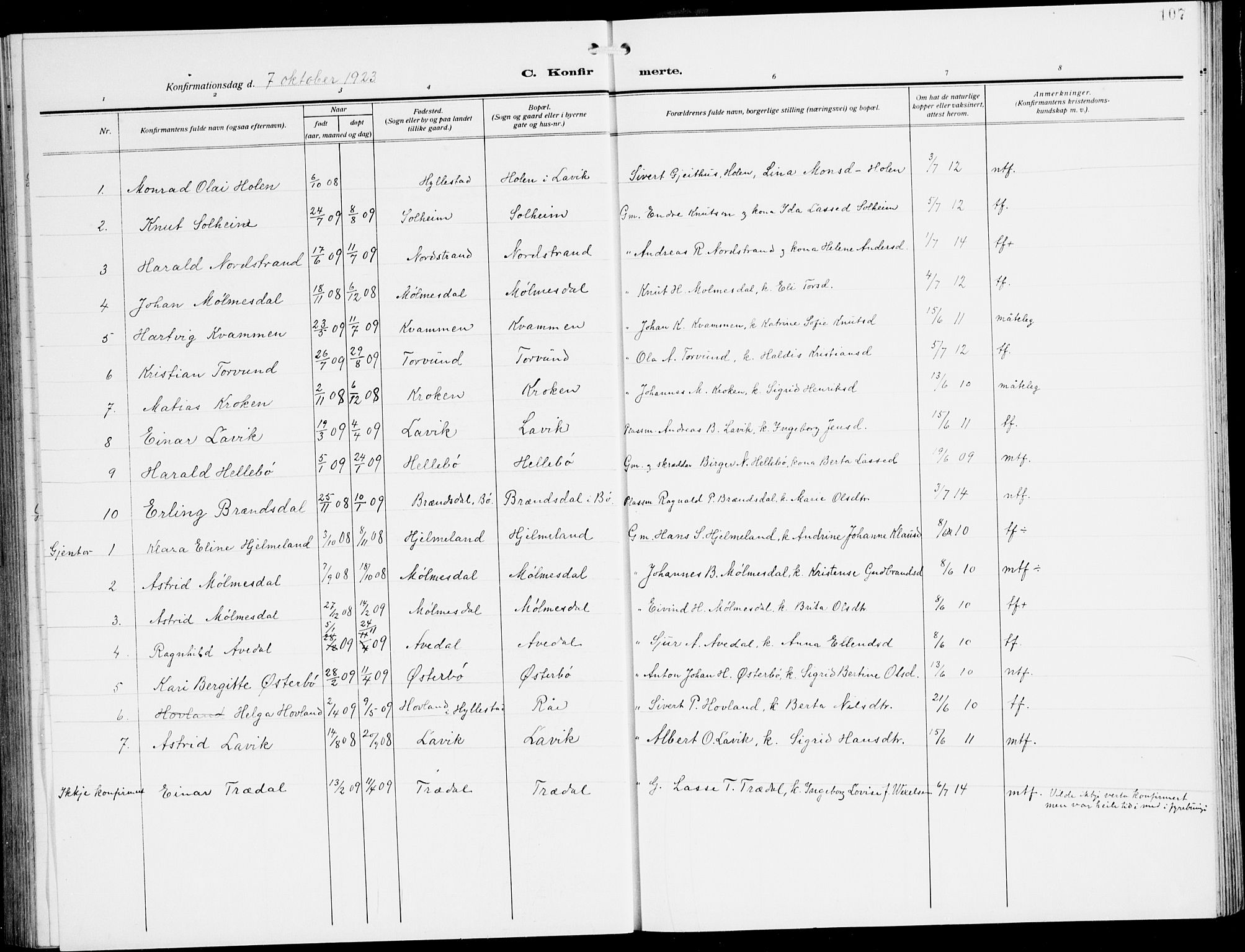 Lavik sokneprestembete, SAB/A-80901: Parish register (copy) no. A 3, 1911-1942, p. 107