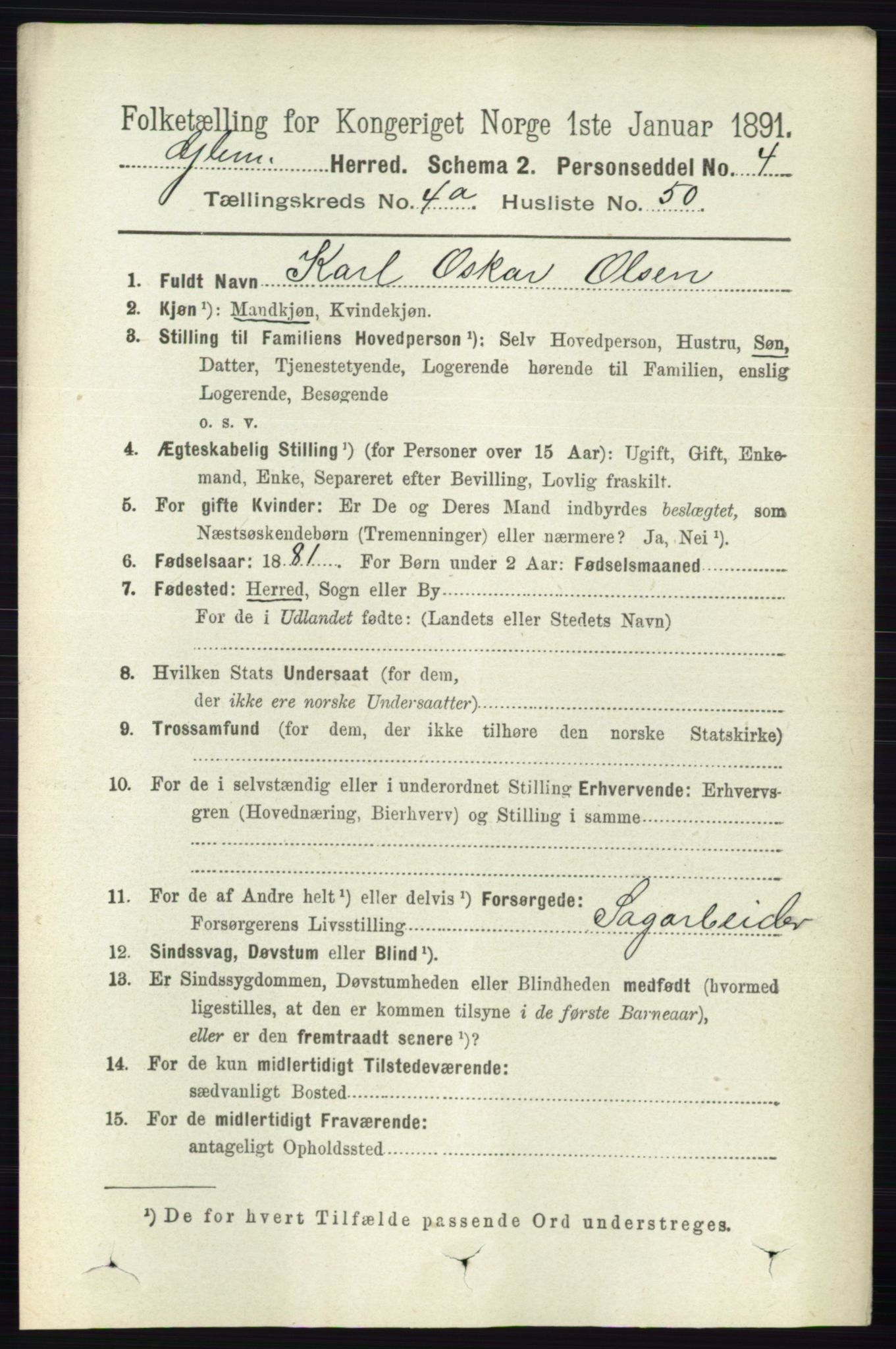 RA, 1891 census for 0132 Glemmen, 1891, p. 3957