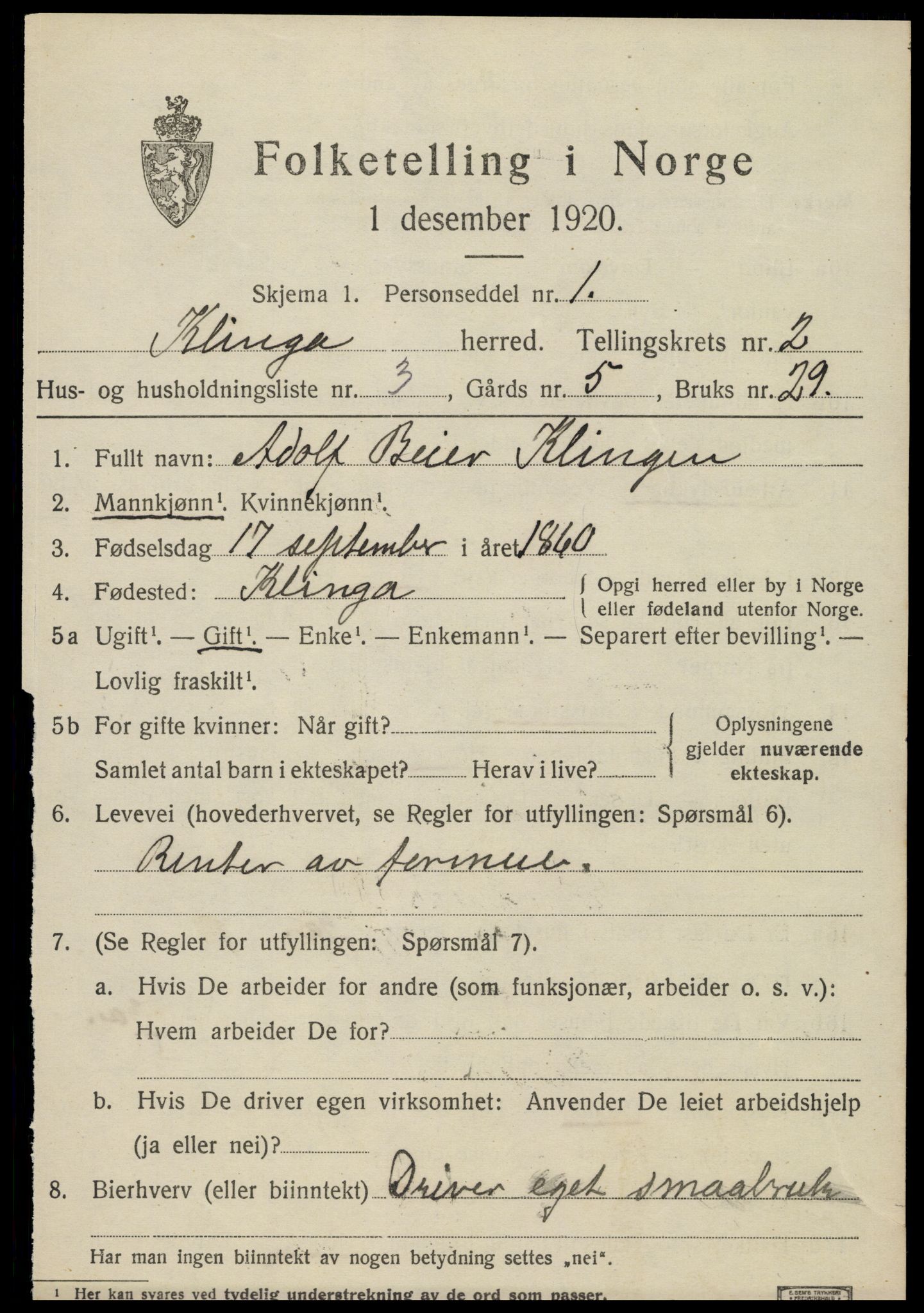 SAT, 1920 census for Klinga, 1920, p. 1415