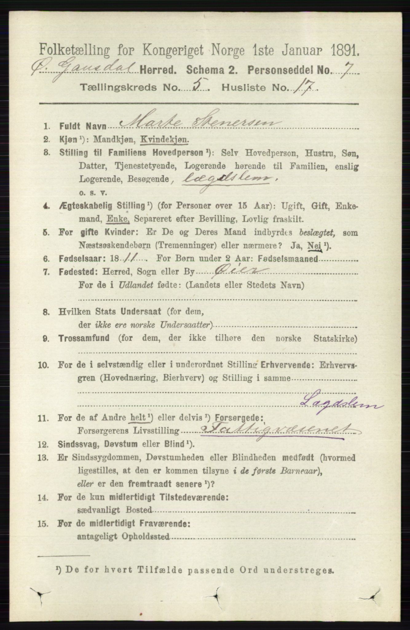 RA, 1891 census for 0522 Østre Gausdal, 1891, p. 3078