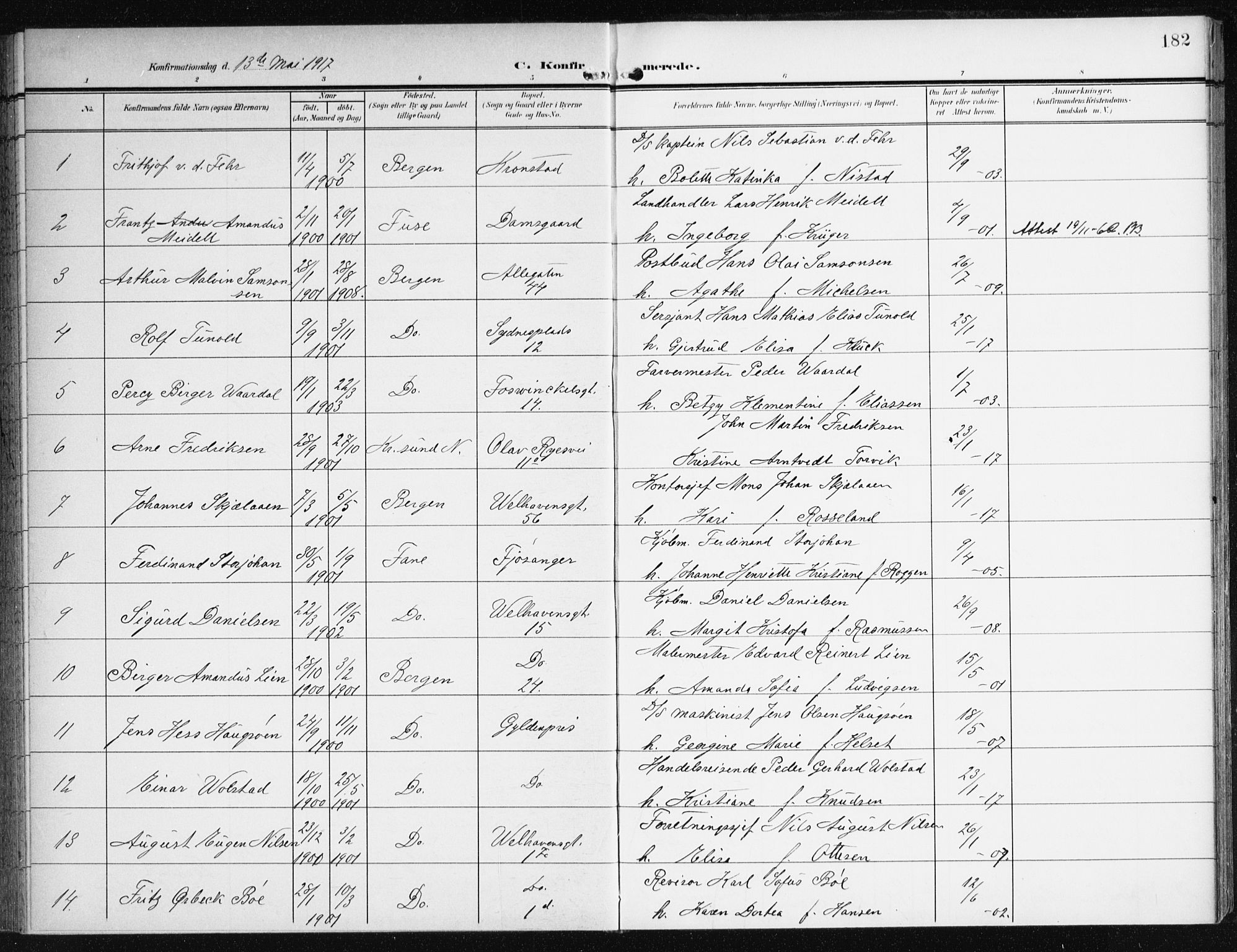 Johanneskirken sokneprestembete, AV/SAB-A-76001/H/Haa/L0009: Parish register (official) no. C 2, 1907-1924, p. 182