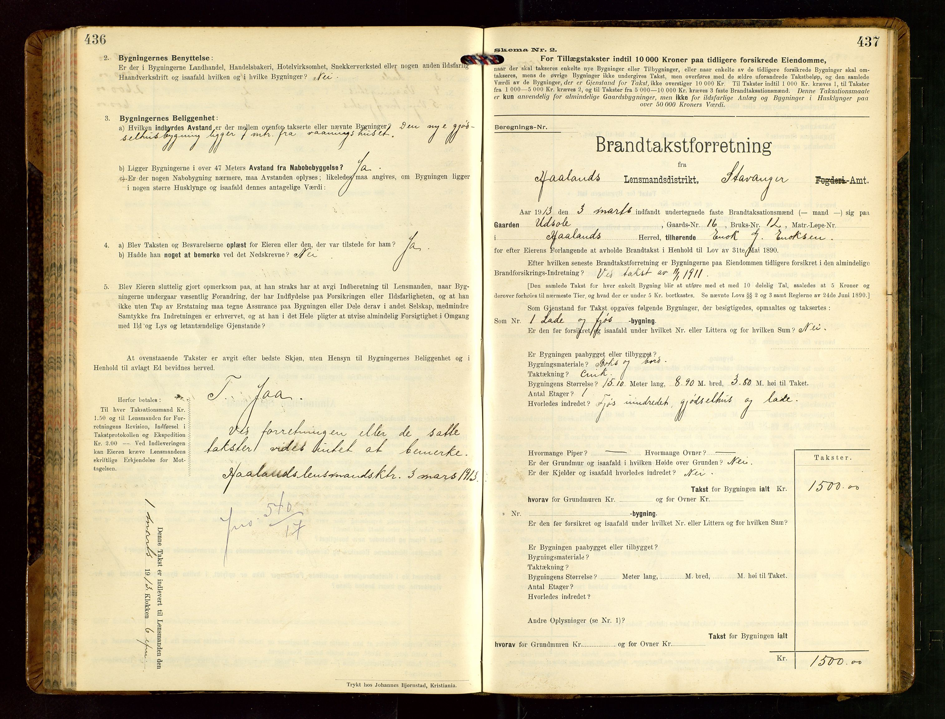 Håland lensmannskontor, AV/SAST-A-100100/Gob/L0004: Branntakstprotokoll - skjematakst. Register i boken., 1913-1915, p. 436-437