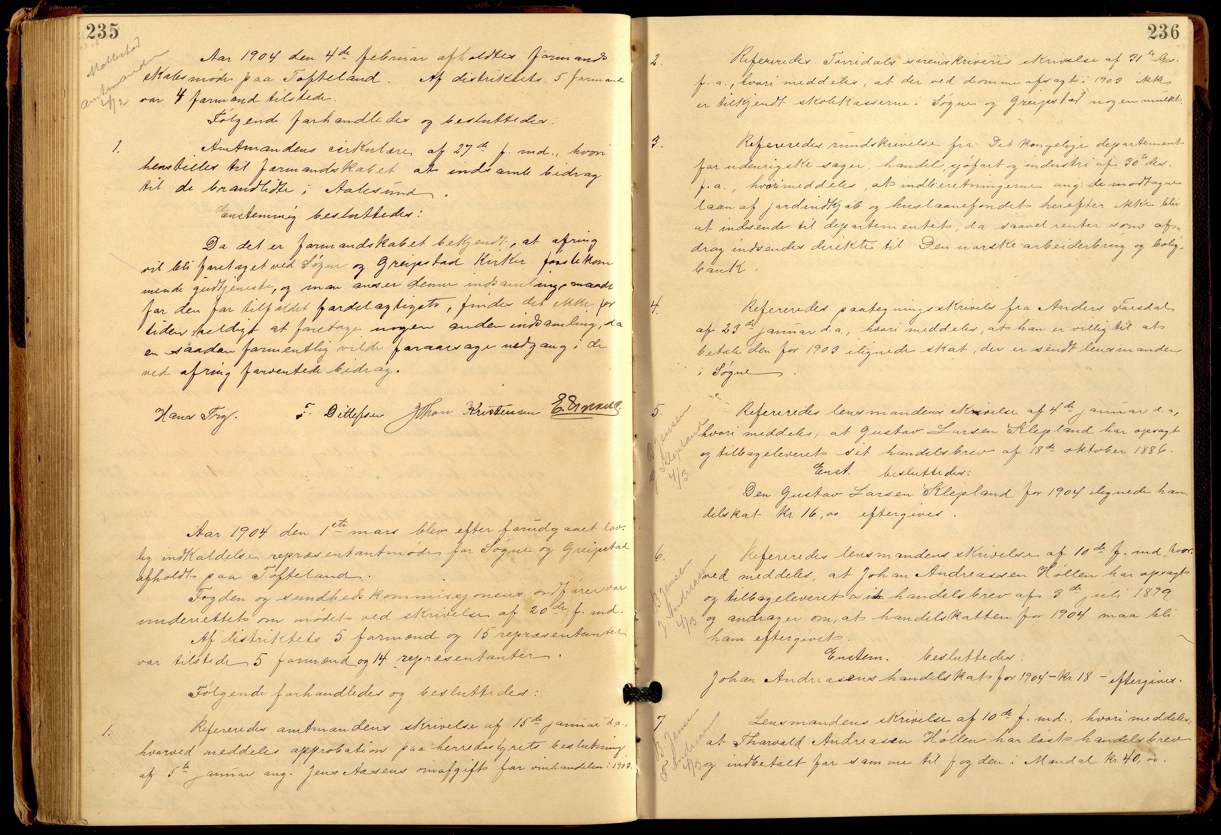 Søgne og Greipstad kommune - Formannskapet, ARKSOR/1018SG120/A/L0006: Møtebok (d), 1901-1909, p. 235-236
